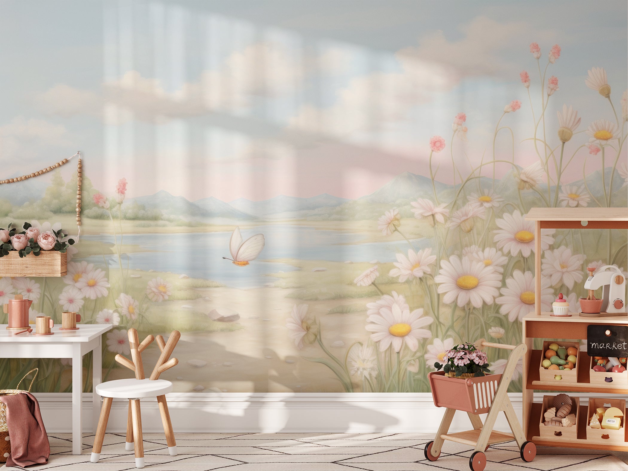 Children's room featuring Wildflower Valley Mural with soft floral and mountain scenery."