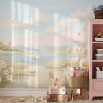 Children's room featuring Wildflower Valley Mural with soft floral and mountain scenery.