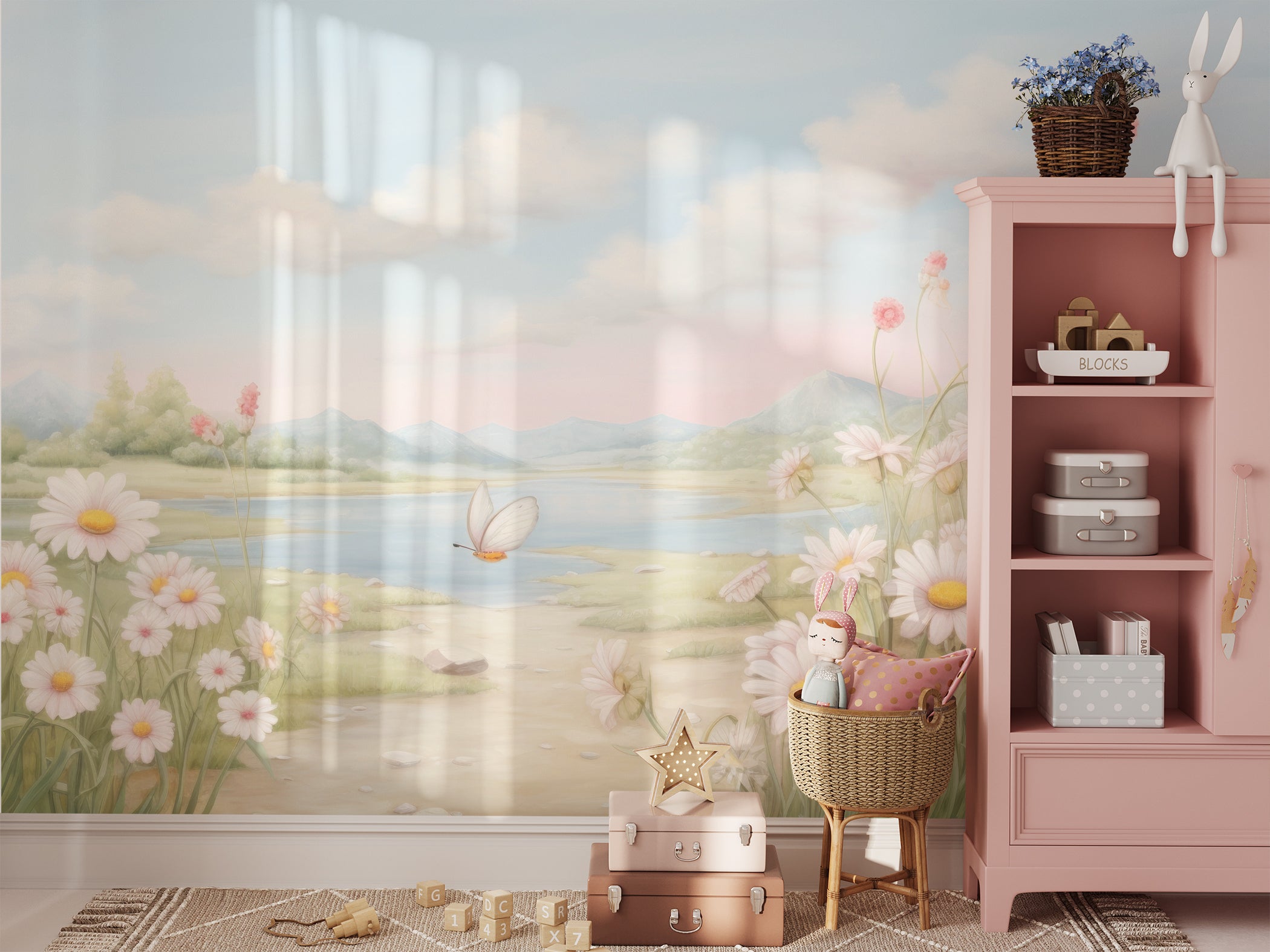 Children's room featuring Wildflower Valley Mural with soft floral and mountain scenery.