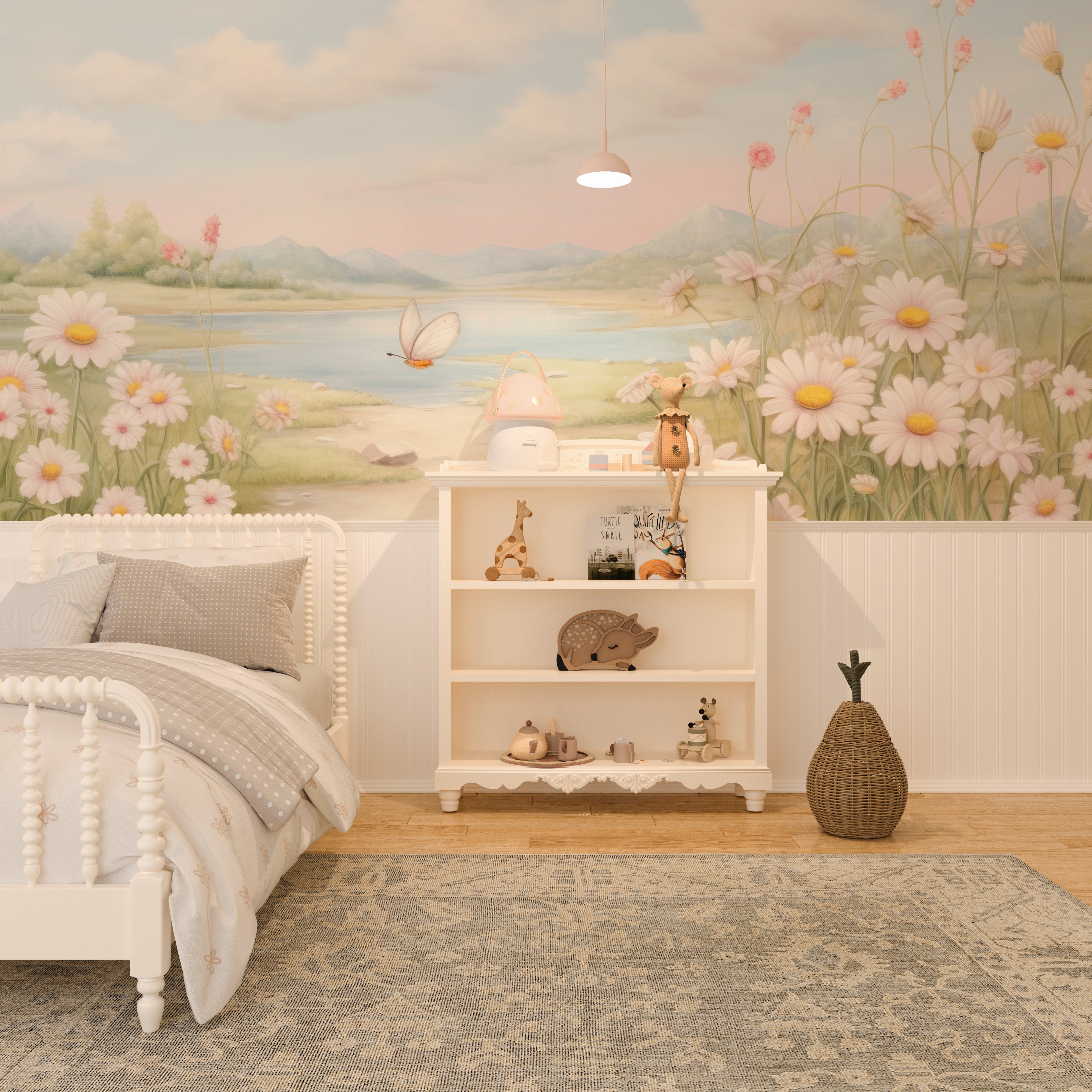 Wildflower Valley Mural on display in a bedroom setting with a white bed and rustic decor."