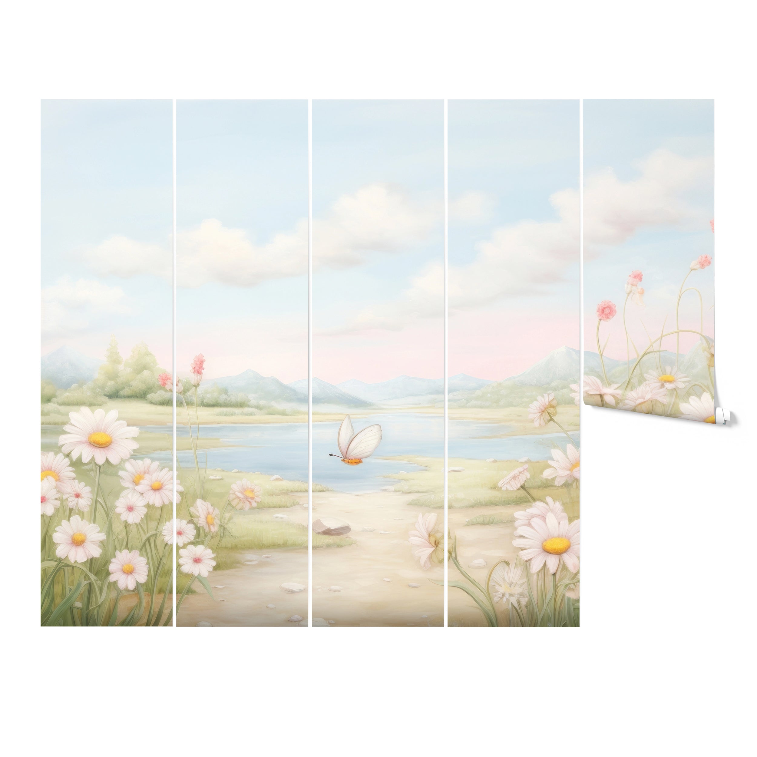 Panel display of Wildflower Valley Mural with detailed floral elements and serene landscape."
