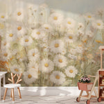 Daisy Field wallpaper mural in a children's play area with a small table and toys.