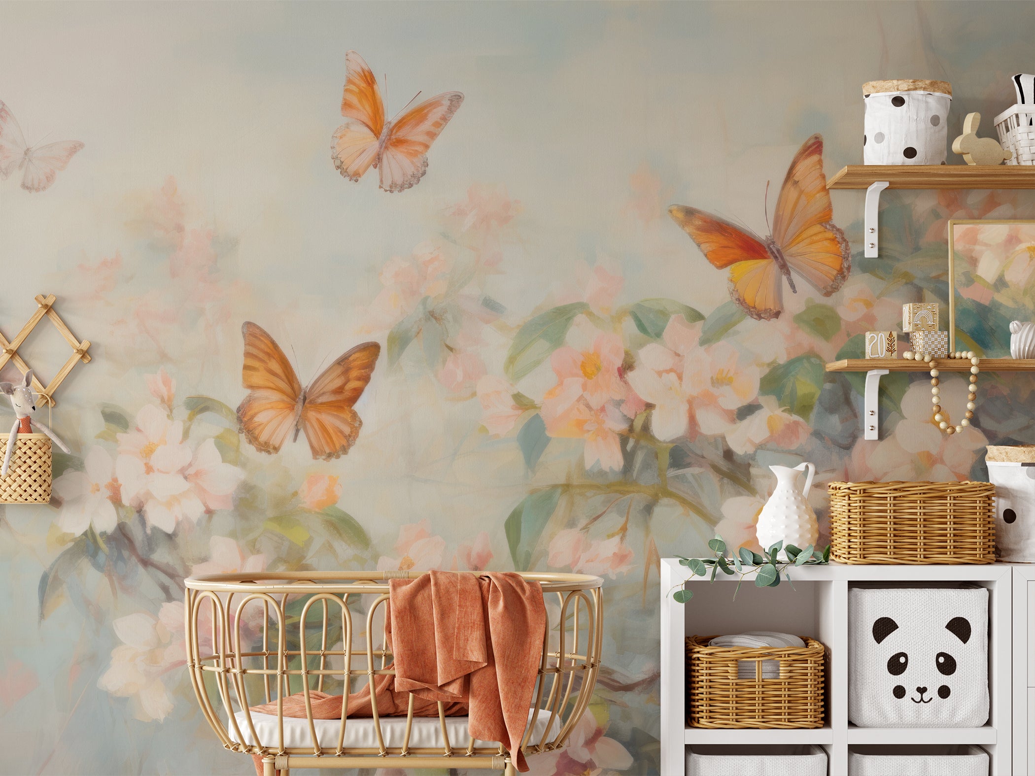 Monarch and Flowers wallpaper mural in a child's room with wooden furniture and playful decor.