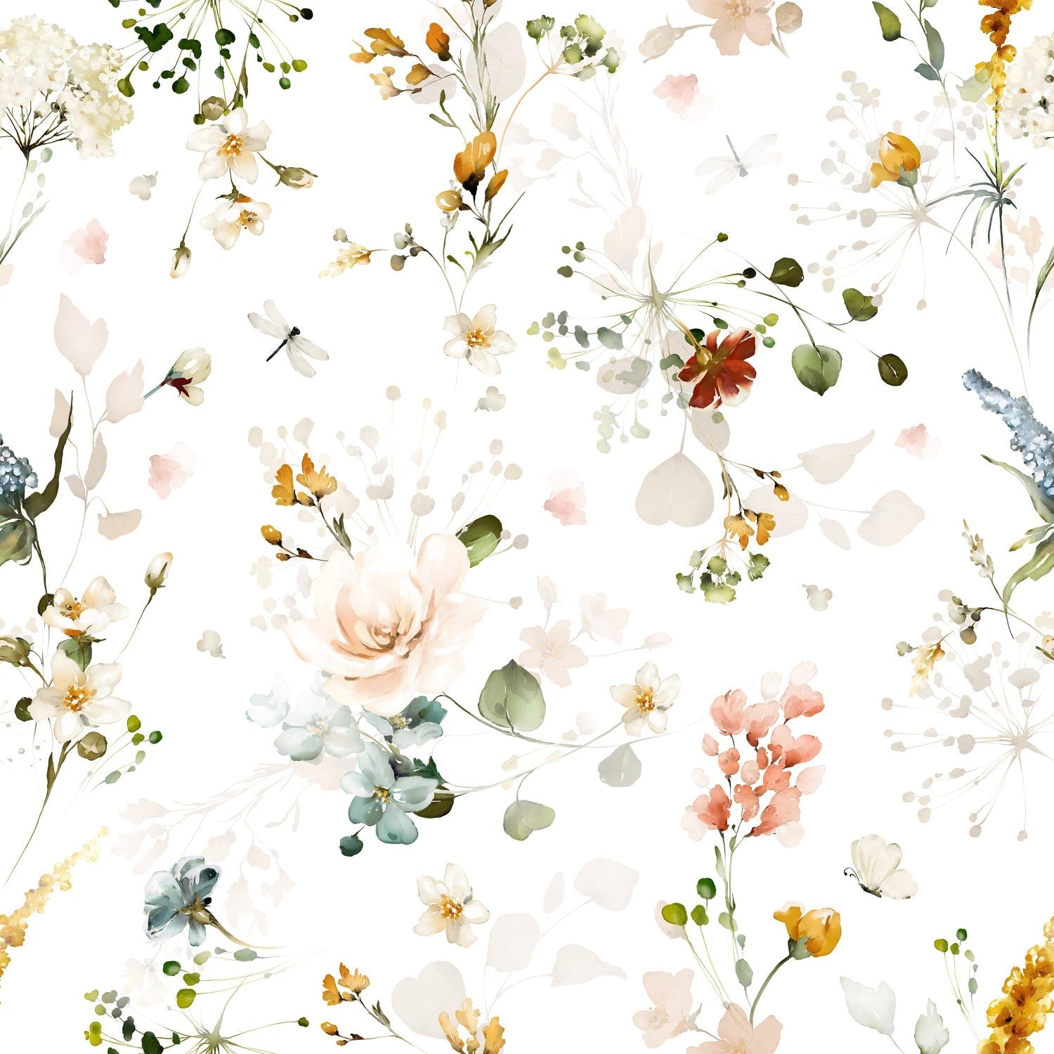 A close-up view of Fiori Wallpaper, displaying a detailed and vibrant array of watercolor flowers and foliage in soft hues of pink, yellow, and green, intermingled with delicate butterflies, creating a tranquil and naturalistic wall decor.