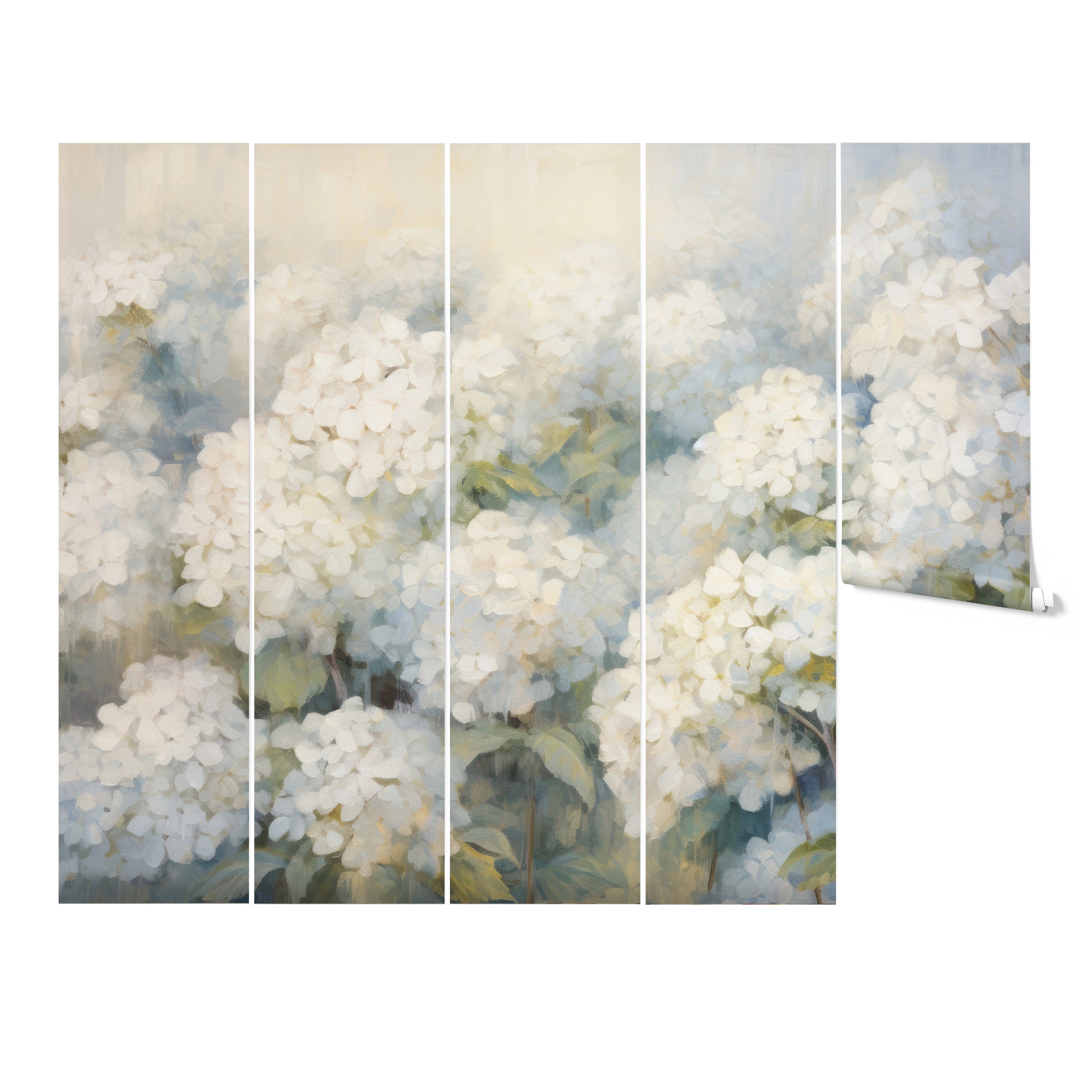 Detailed view of the Watercolour Hydrangeas mural showcasing soft, delicate hydrangea blooms.