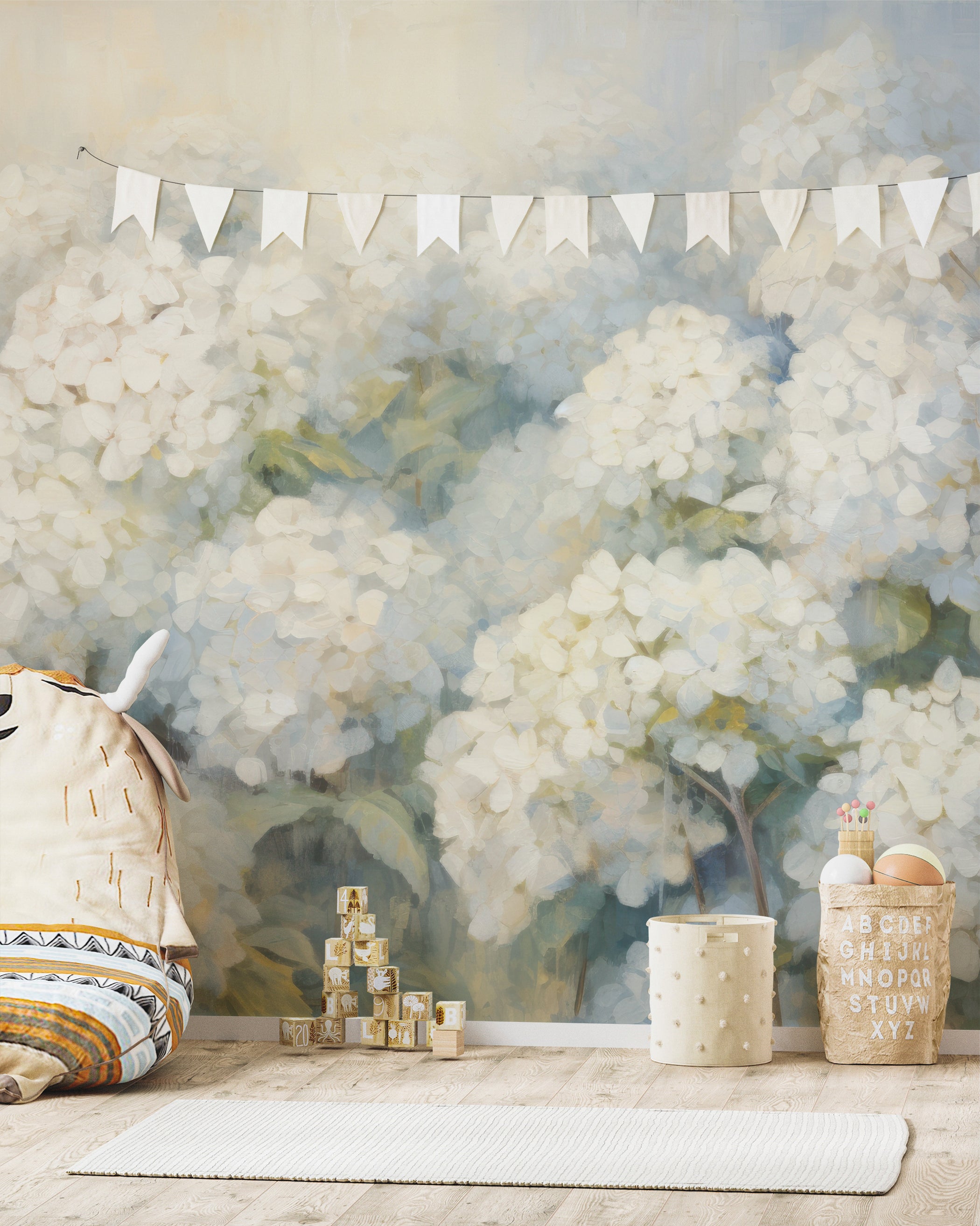 Watercolour Hydrangeas wallpaper mural in a child's play area with a cozy, playful setup