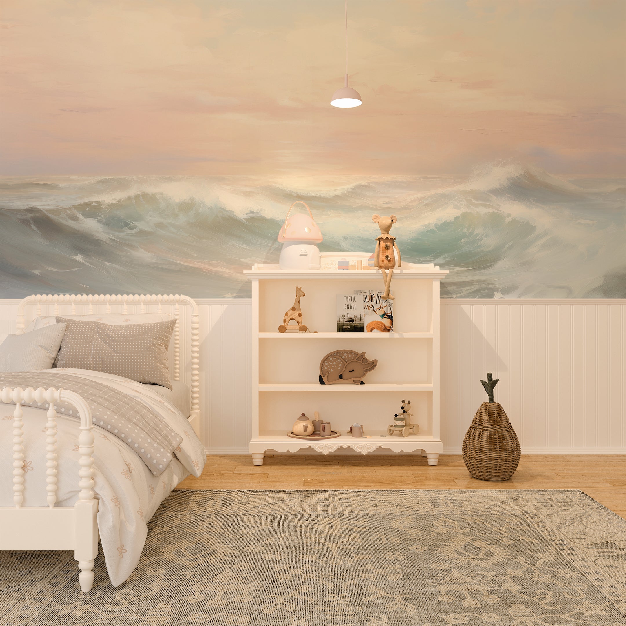 Cozy bedroom setup with Last Light Mural wallpaper, depicting serene ocean waves at sunset.