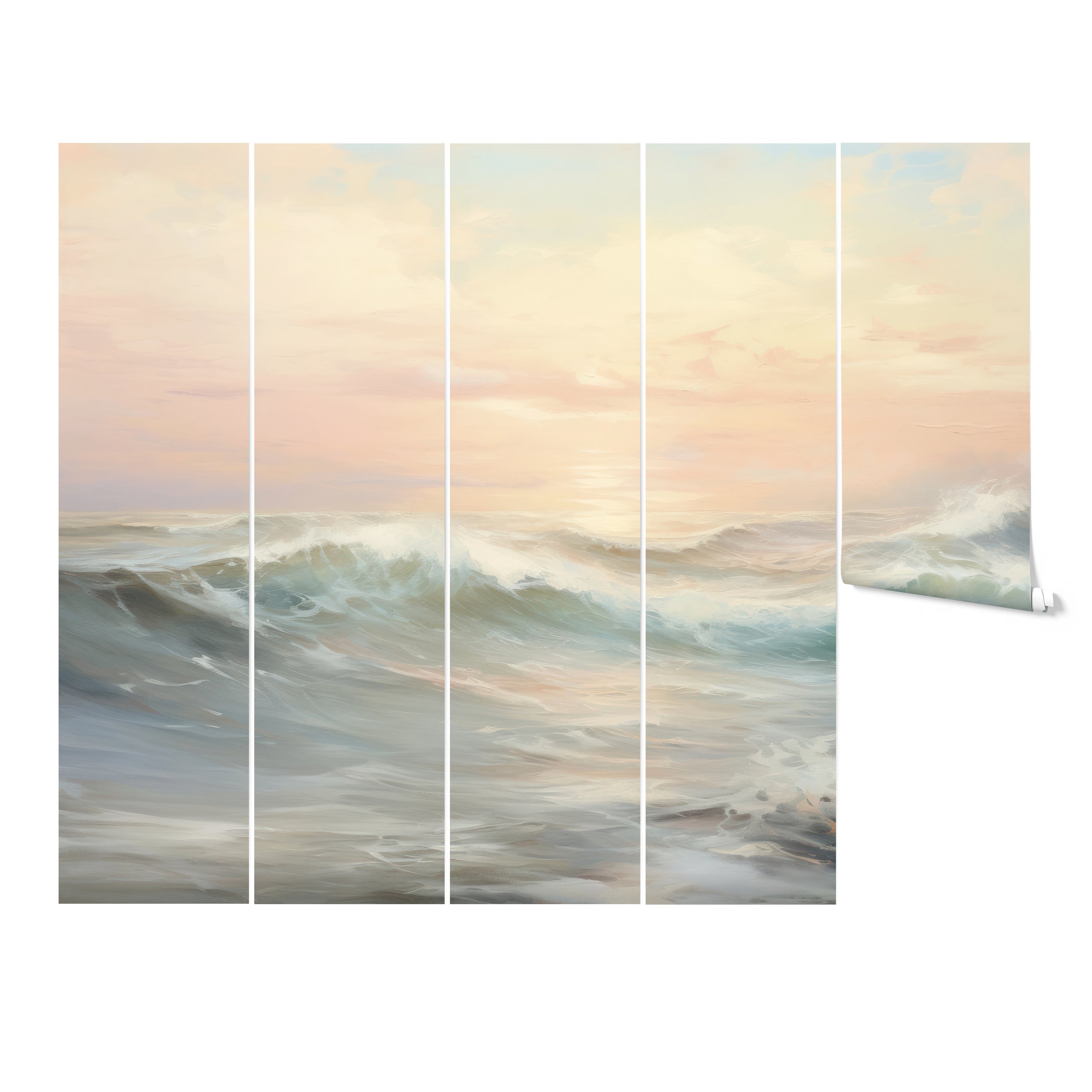 Detailed view of Last Light Mural wallpaper panels, illustrating ocean waves and a soft pastel sunset.
