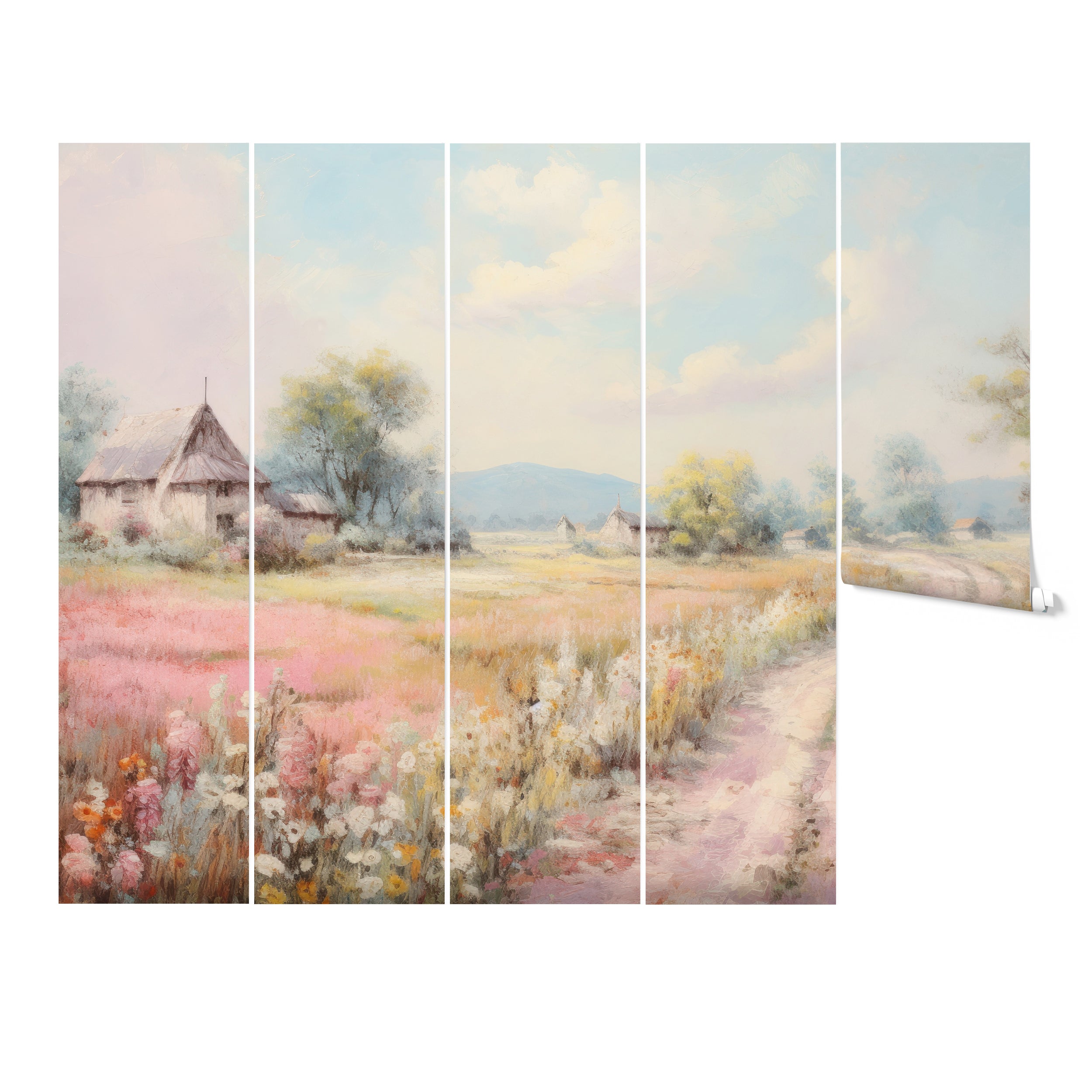 Detailed view of the 'Country Road Mural' wallpaper, showcasing the mural split into five panels. The design depicts a tranquil countryside with a dirt road meandering through fields of wildflowers and leading to quaint cottages, all under a light blue sky with clouds.
