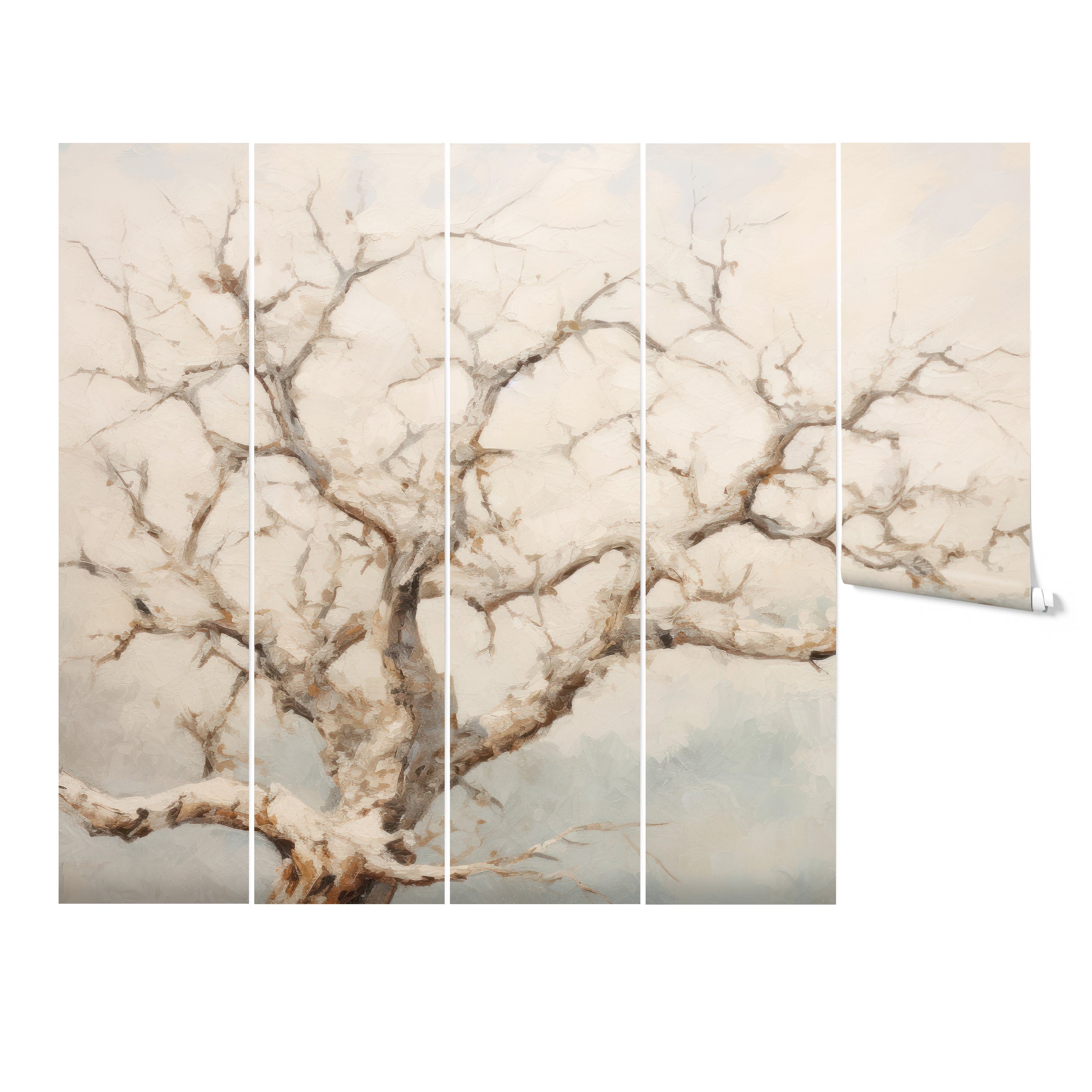 Winter Tree Mural displayed in a 5-roll format showcasing the detailed leafless tree design against a serene pastel background.