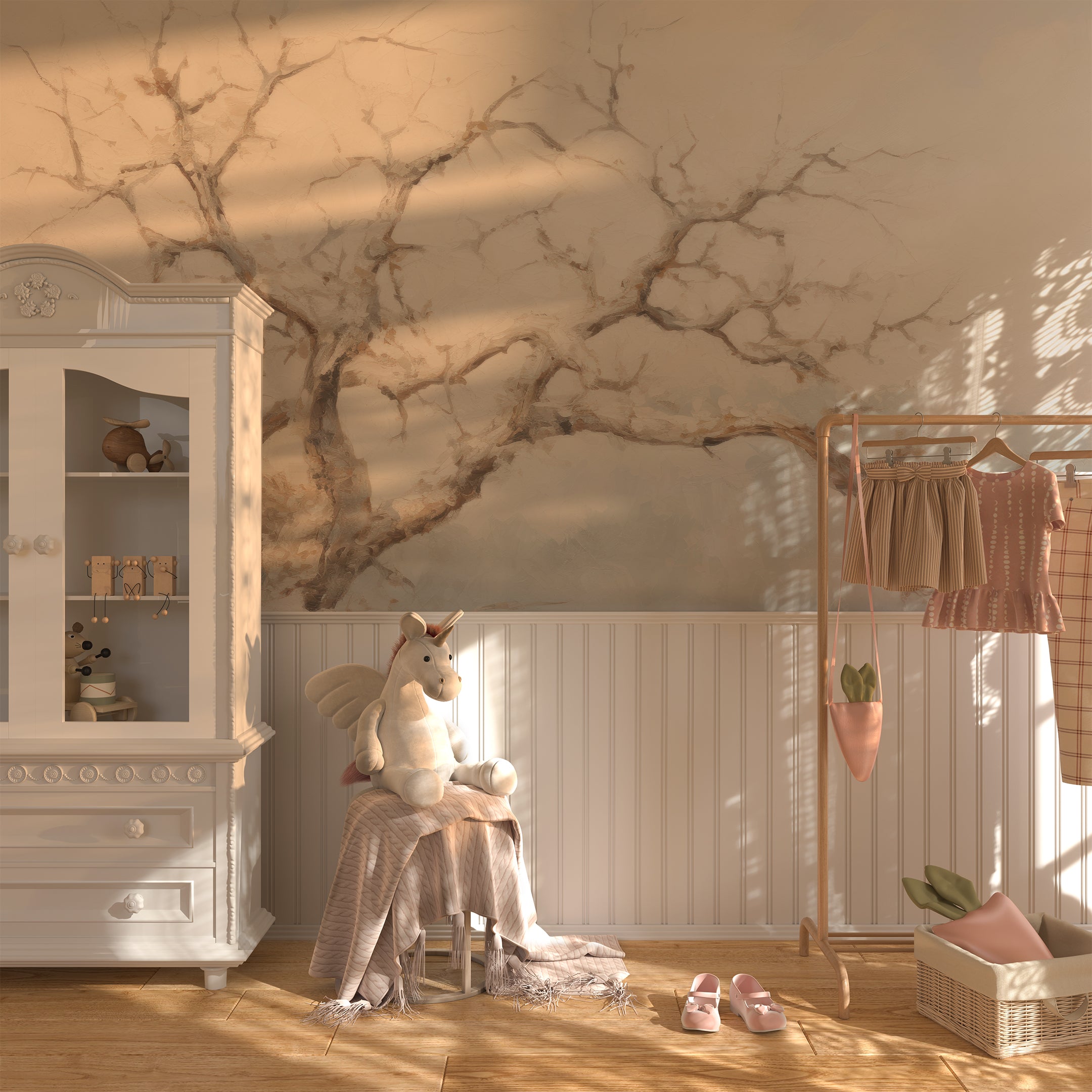 Winter Tree Mural installed in a cozy nursery with a white dresser, unicorn plush toy, and hanging clothes, bathed in soft, warm light.
