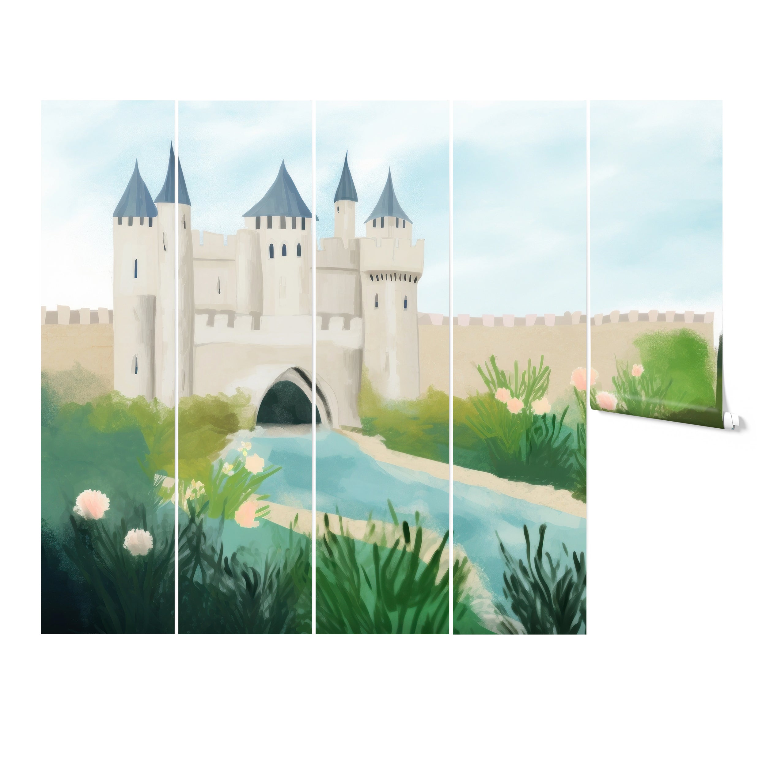 A wallpaper mural divided into multiple panels, showcasing a majestic castle with blue-topped turrets. The castle is set against a backdrop of vibrant greenery and delicate pink flowers, with a tranquil river flowing in the foreground.