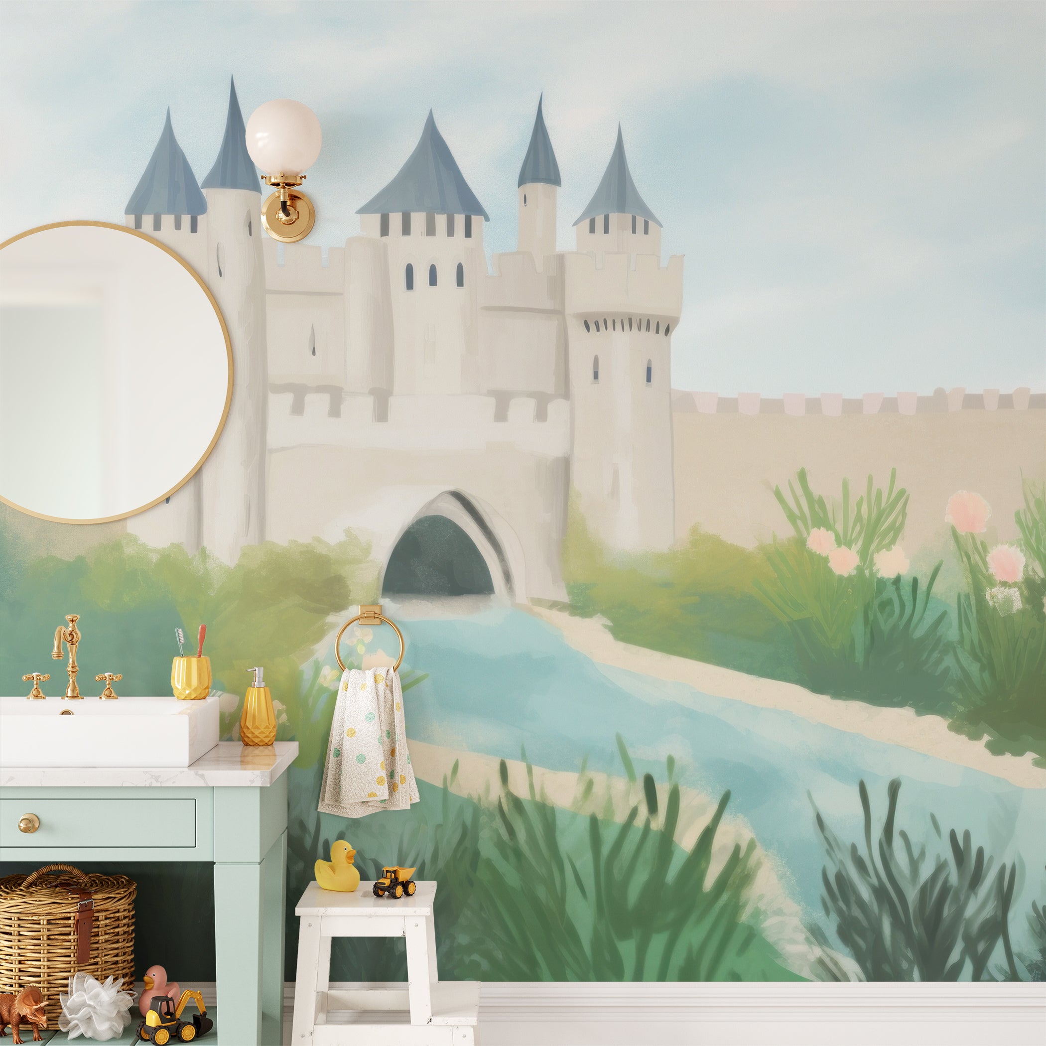 A children's room decorated with a large mural of a castle. The mural features a picturesque castle with blue-roofed towers, a flowing river, and surrounding greenery, creating an enchanting and adventurous atmosphere.