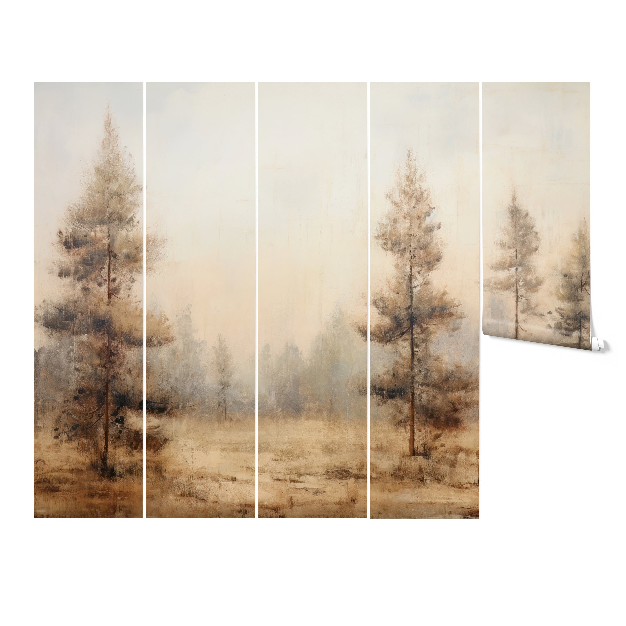 Grande Prairie Mural panel layout featuring five panels of a misty prairie with tall trees.