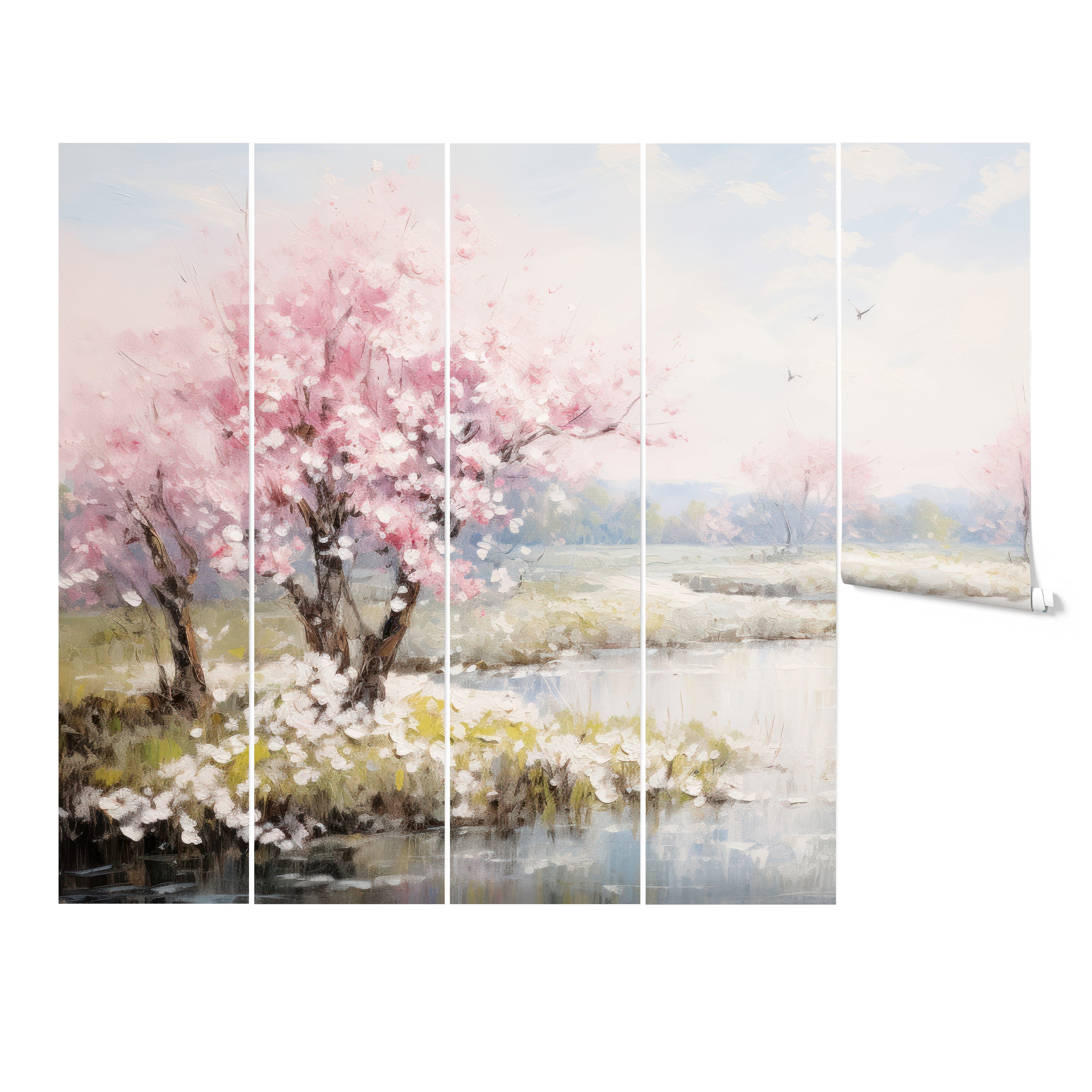 Cherry Lake Mural displayed in five rolls, showing pink cherry blossom trees and their reflections in a calm lake with a pastel sky backdrop.