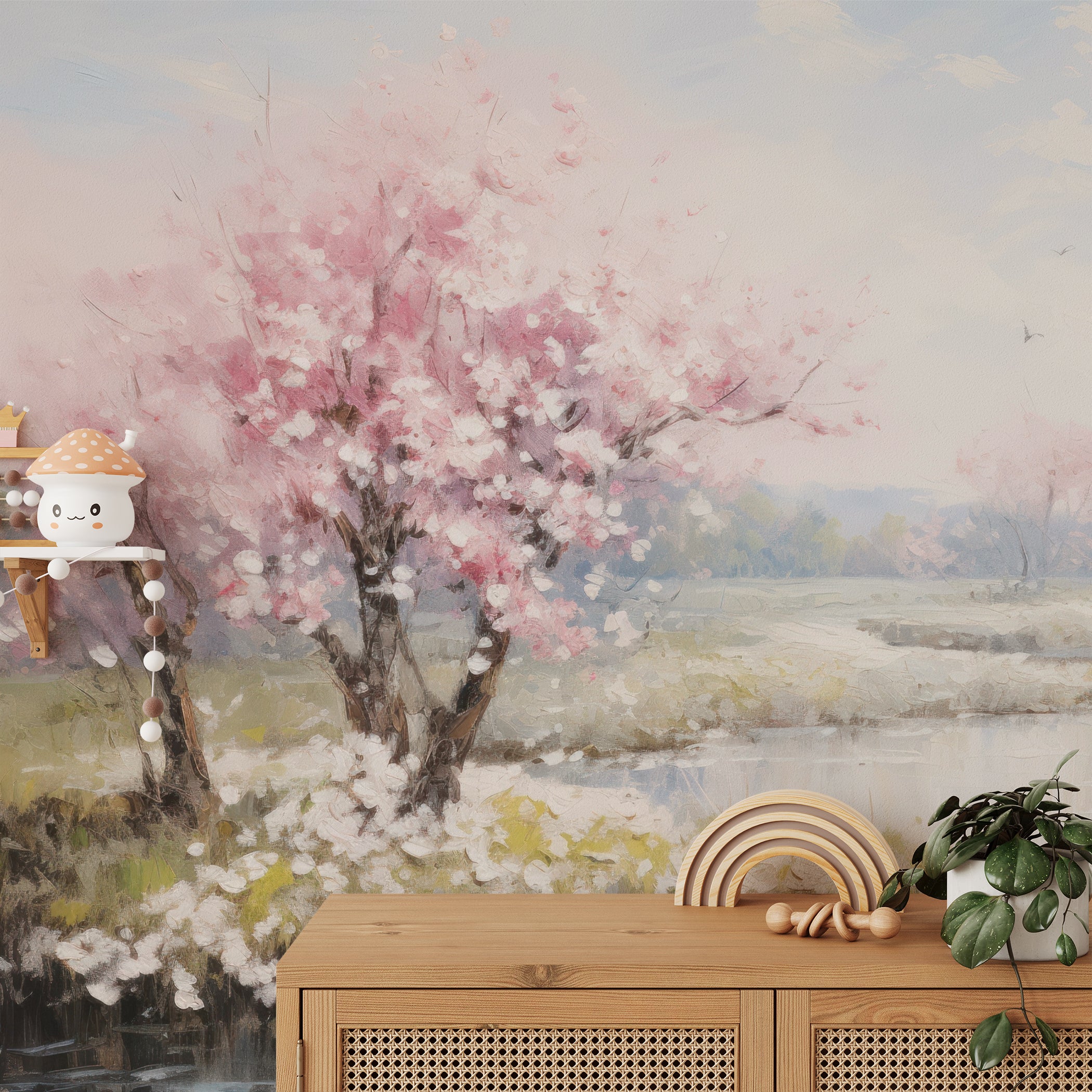 Close-up of Cherry Lake Mural in a room setting, highlighting the detailed pink cherry blossoms and serene lakeside scenery.