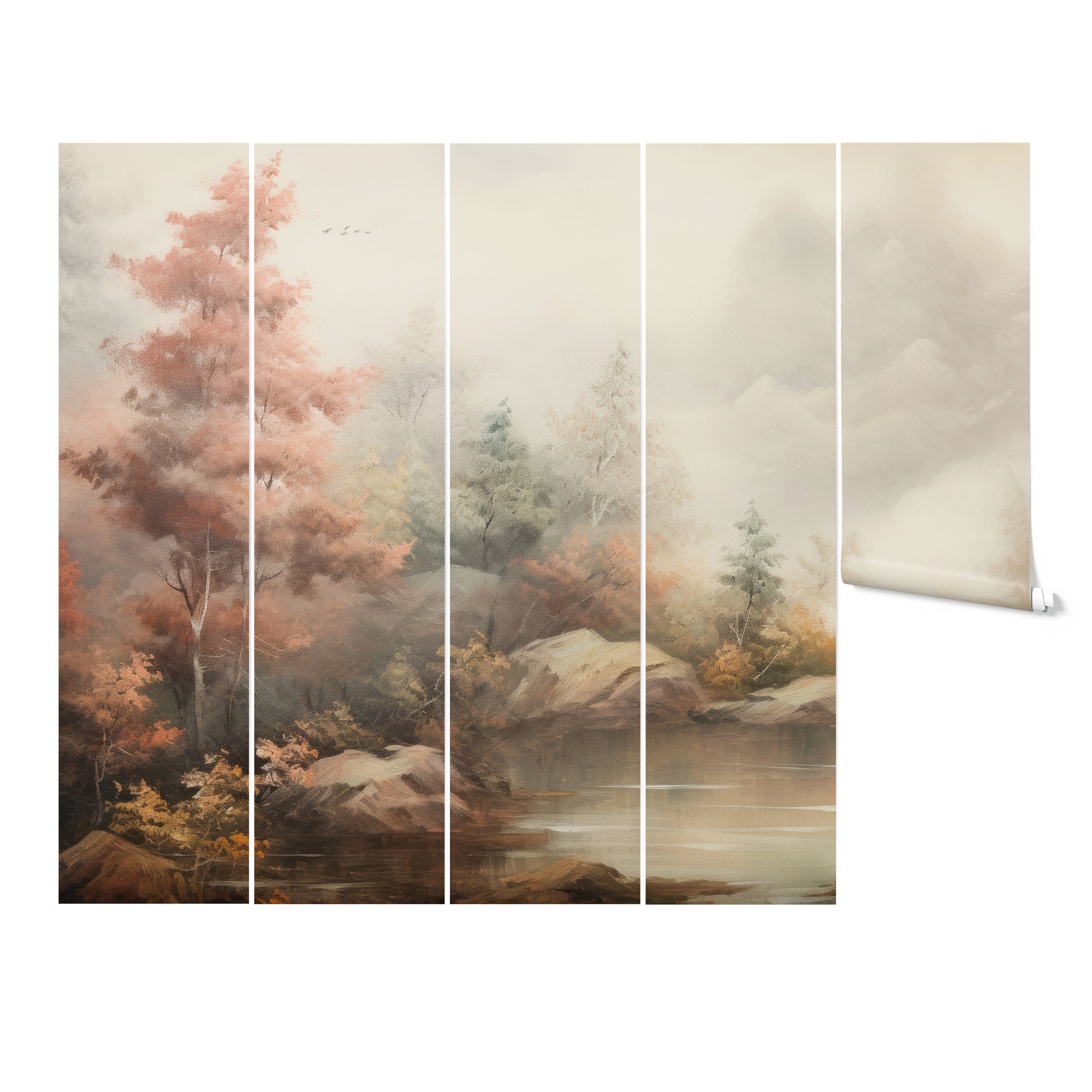 Fall Lake Mural displayed in five panels, showcasing a calm lake surrounded by trees with fall foliage in warm tones of red, orange, and yellow, against a misty mountain backdrop.