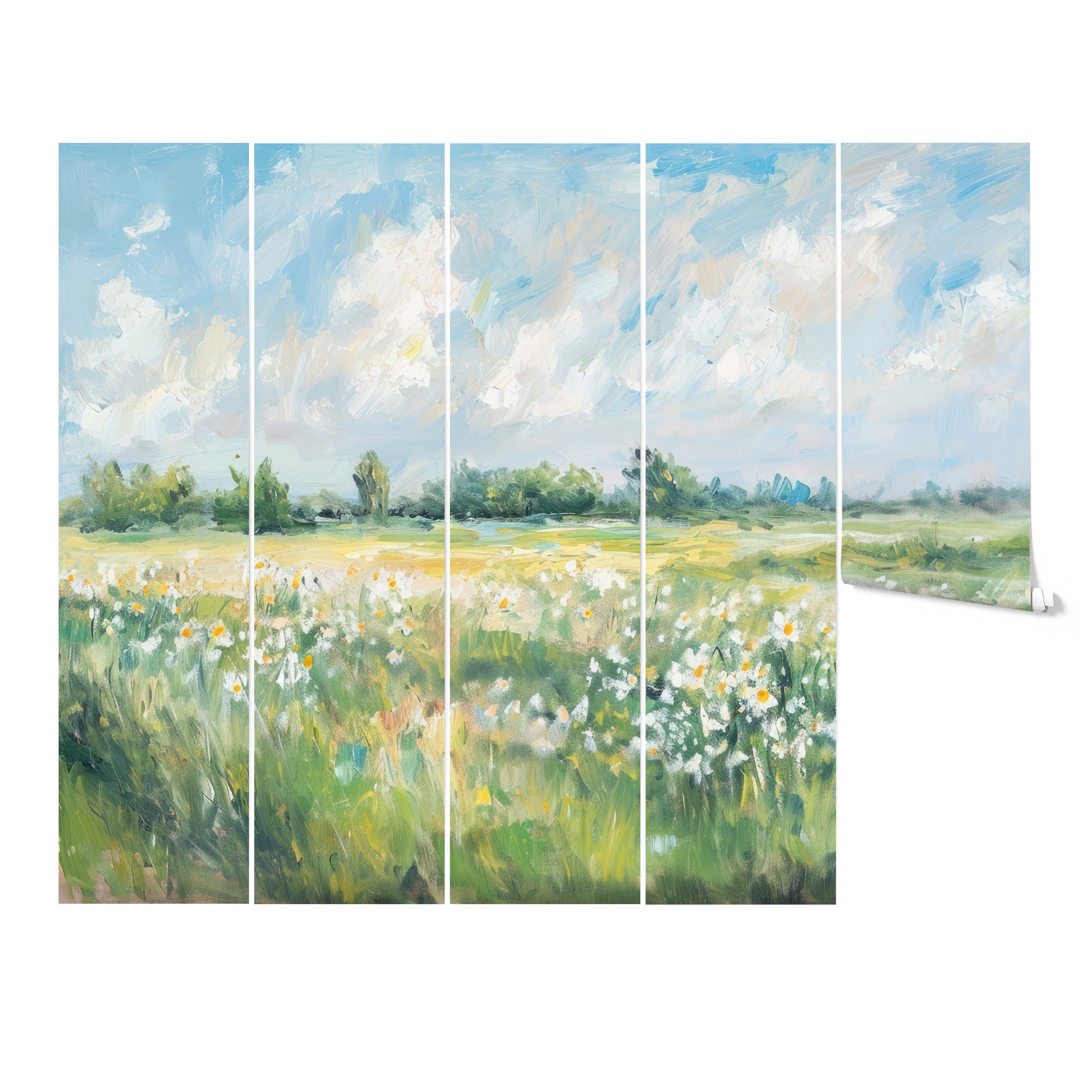 Panoramic view of the Impressionist mural wallpaper in five panels, showcasing a peaceful meadow with daisies and lush greenery, set against a clear blue sky with white clouds."