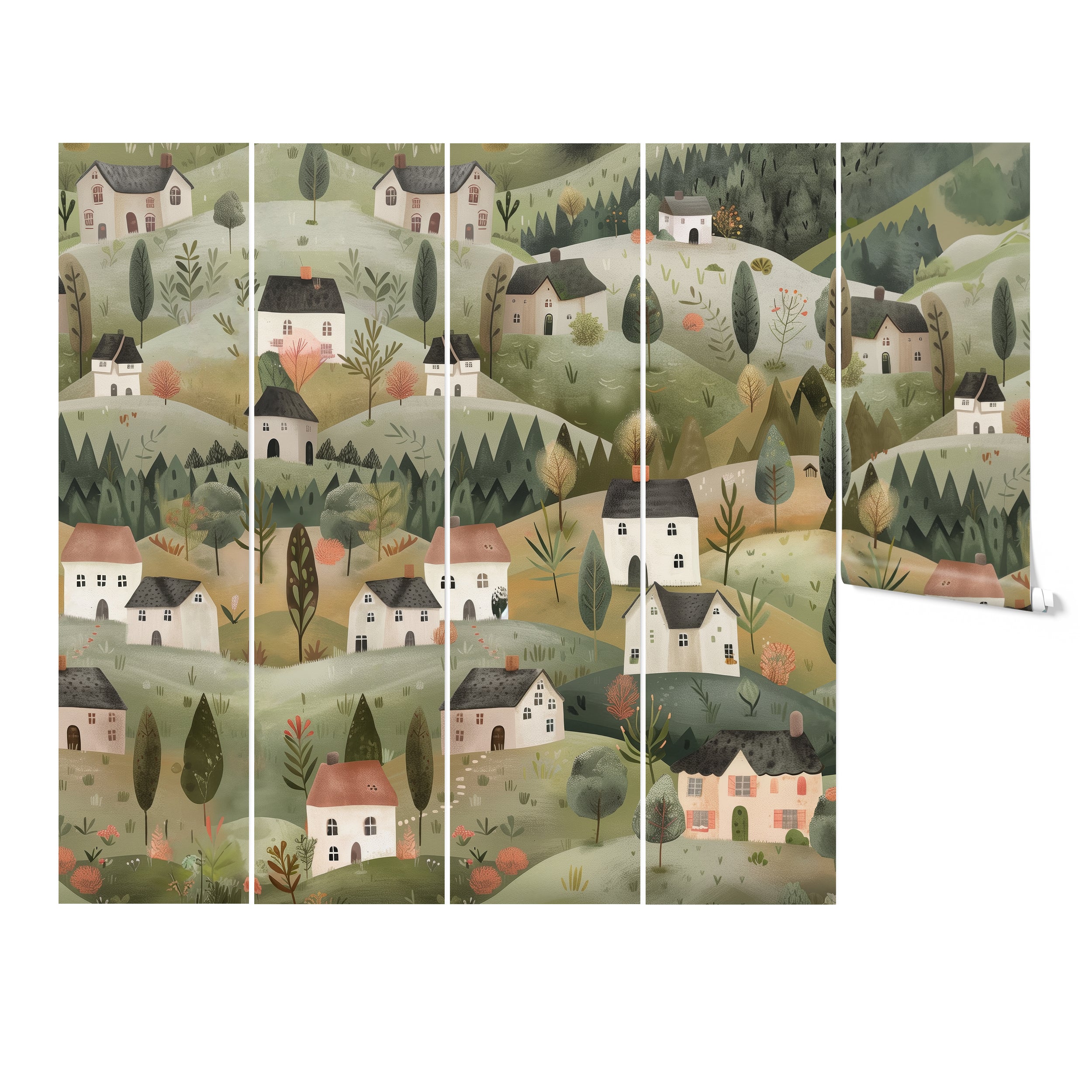 Hillier Mural wallpaper displayed in multiple panels showcasing a charming countryside with houses and trees.