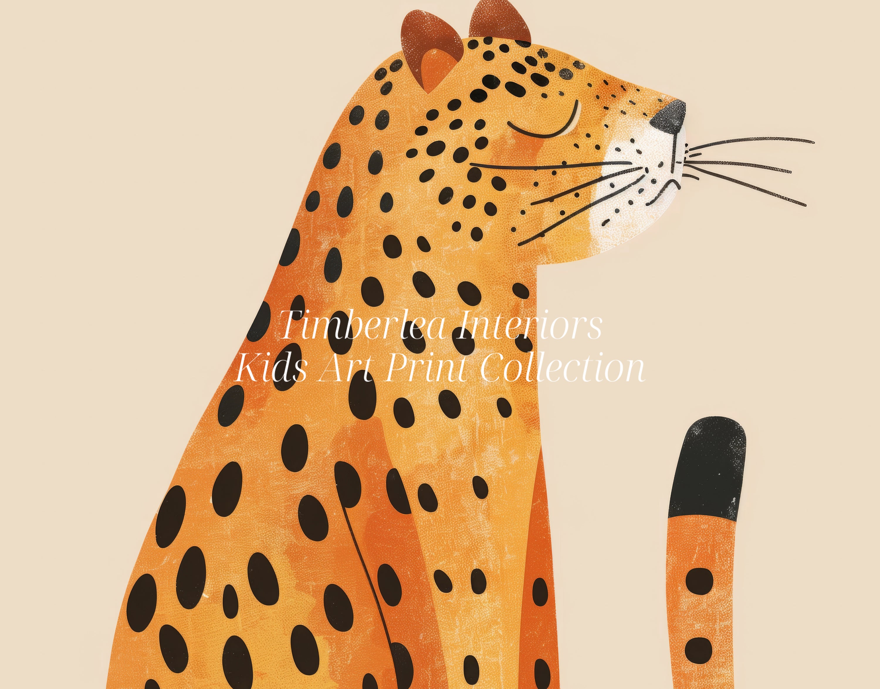 Close-up view of a serene art print featuring a tranquil leopard sitting peacefully against a soft beige background.