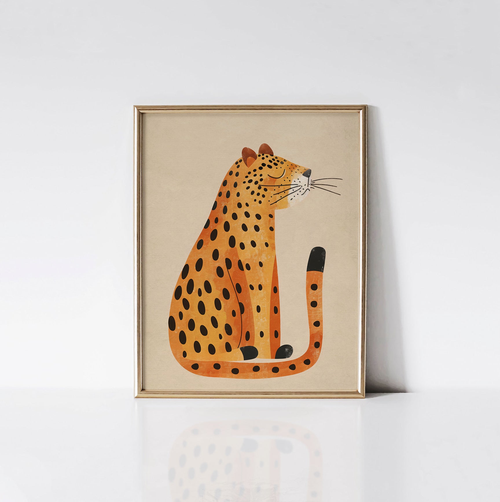 Calm Leopard art print displayed in a sleek gold frame, featuring a tranquil leopard against a soft beige background.