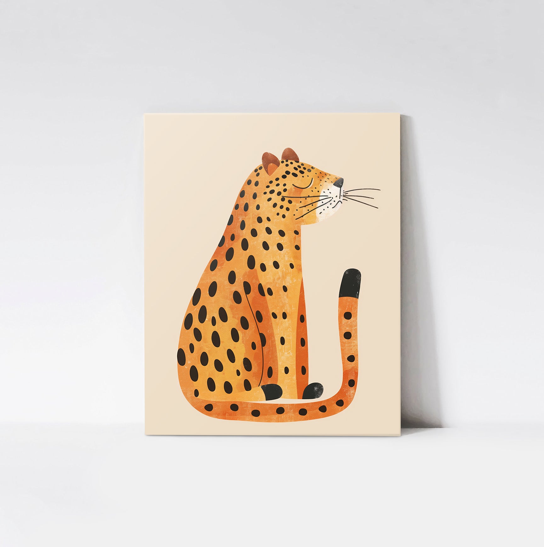 Art print of a tranquil leopard sitting peacefully against a soft beige background, displayed on a wood board.