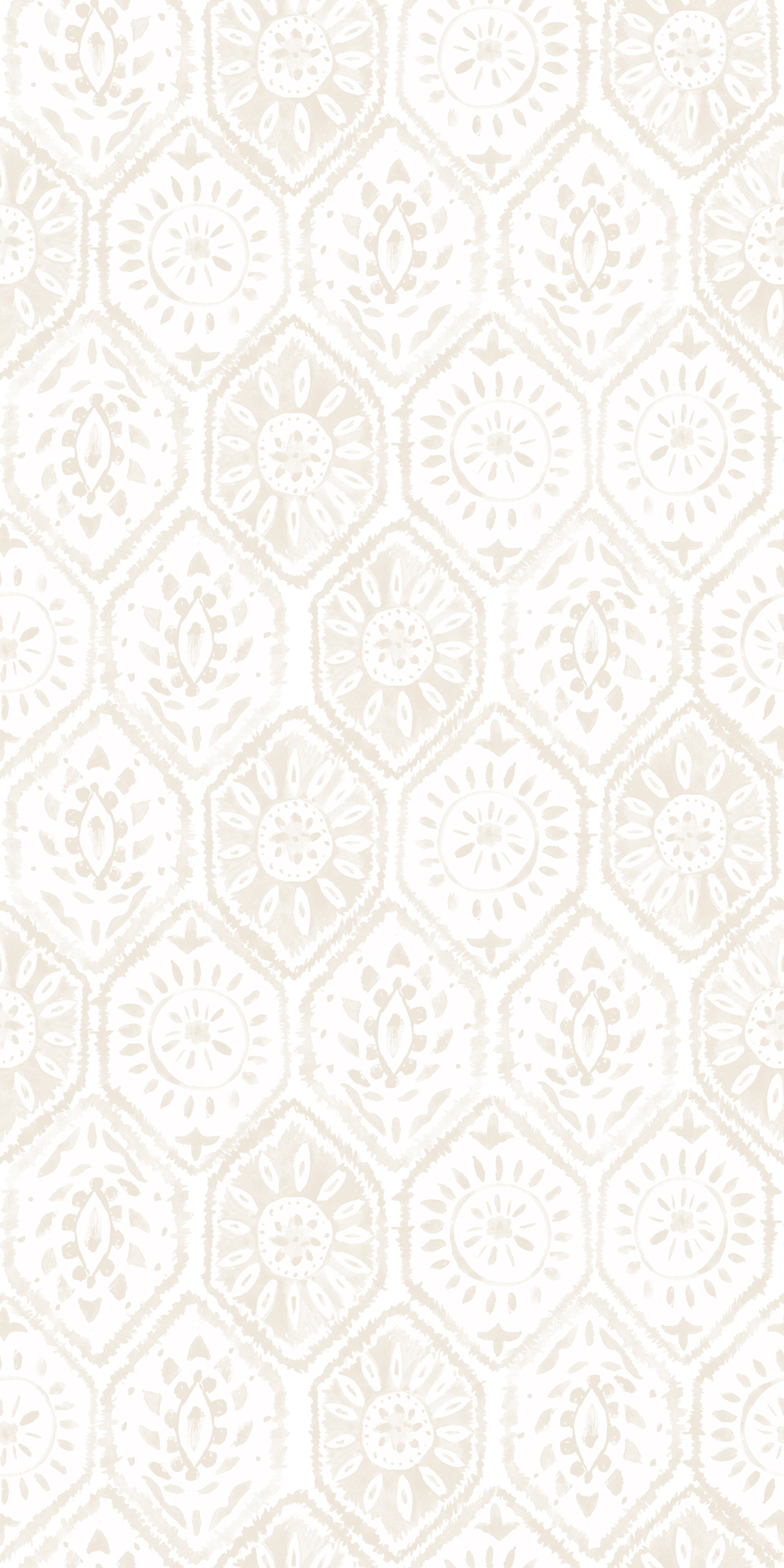 Close-up of the Moroccan Tile Wallpaper in Ecru showcasing its elegant geometric design inspired by traditional Moroccan tiles. The wallpaper features a subtle contrast of beige and off-white hues, ideal for adding a touch of sophistication and warmth to any room.