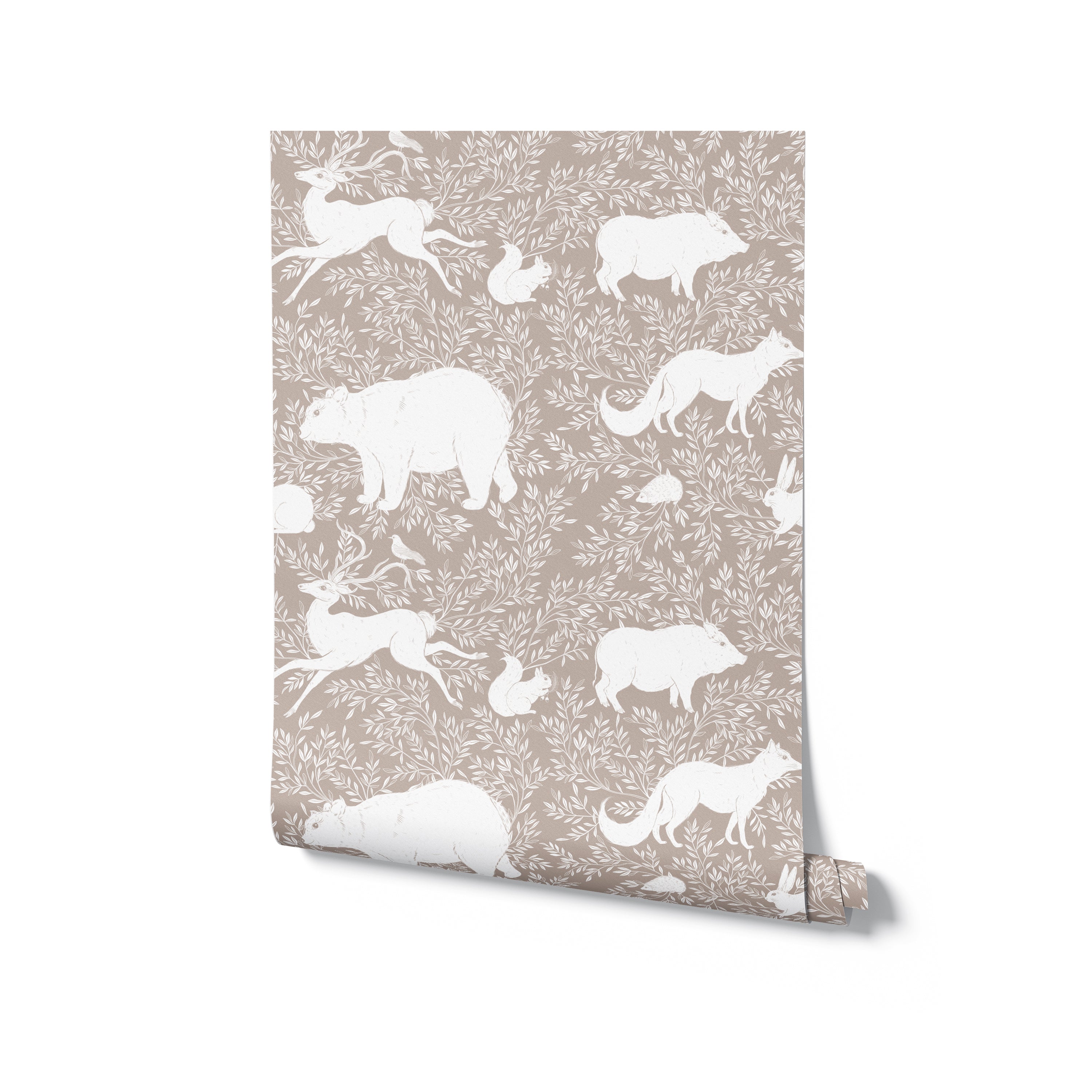 A roll of beige wallpaper showcasing a pattern of white woodland animals like bears, foxes, and rabbits, creating a charming and nature-inspired design suitable for various interior settings