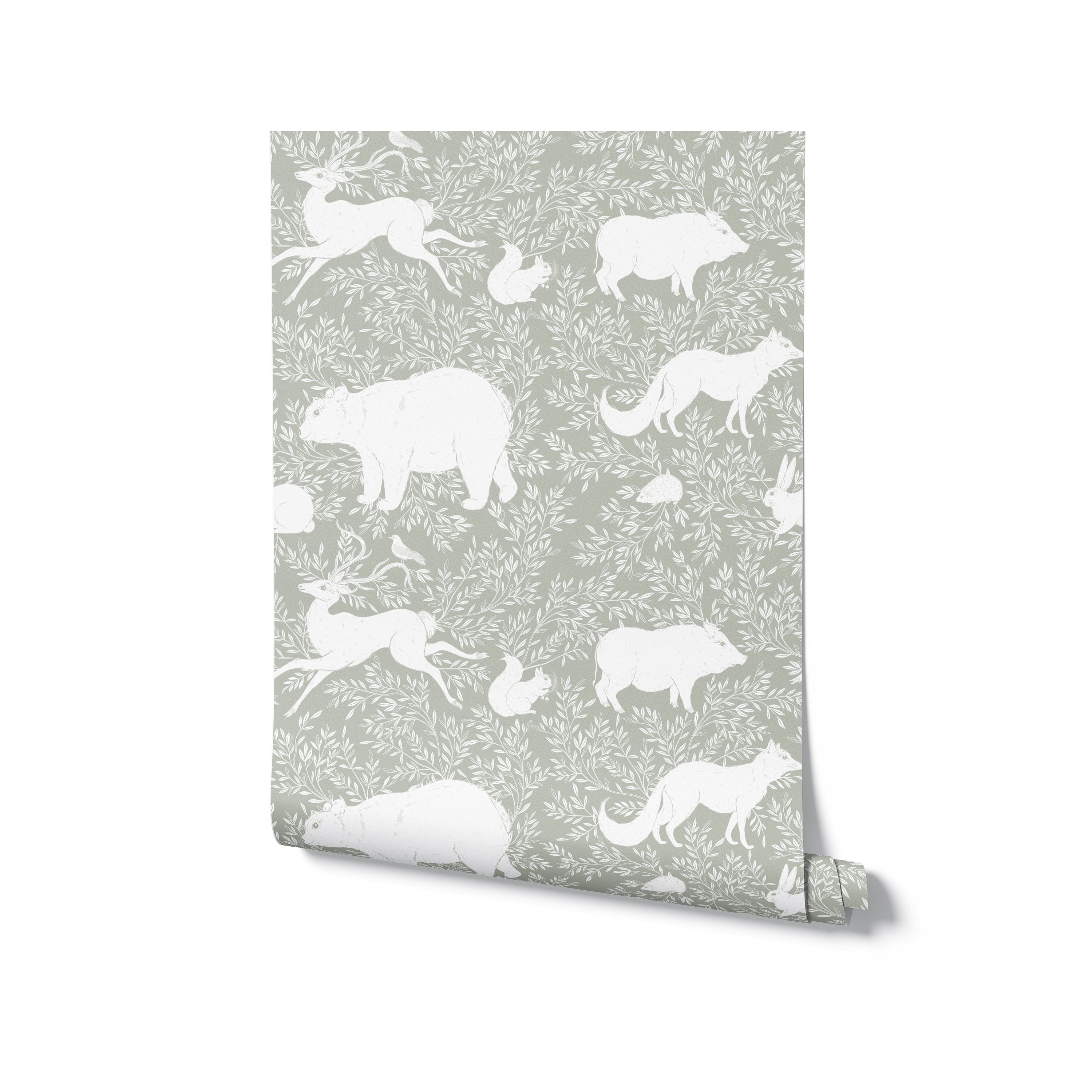 A roll of green wallpaper showcasing a pattern of white woodland animals including bears, foxes, and rabbits, creating a charming and nature-inspired design suitable for various interior settings