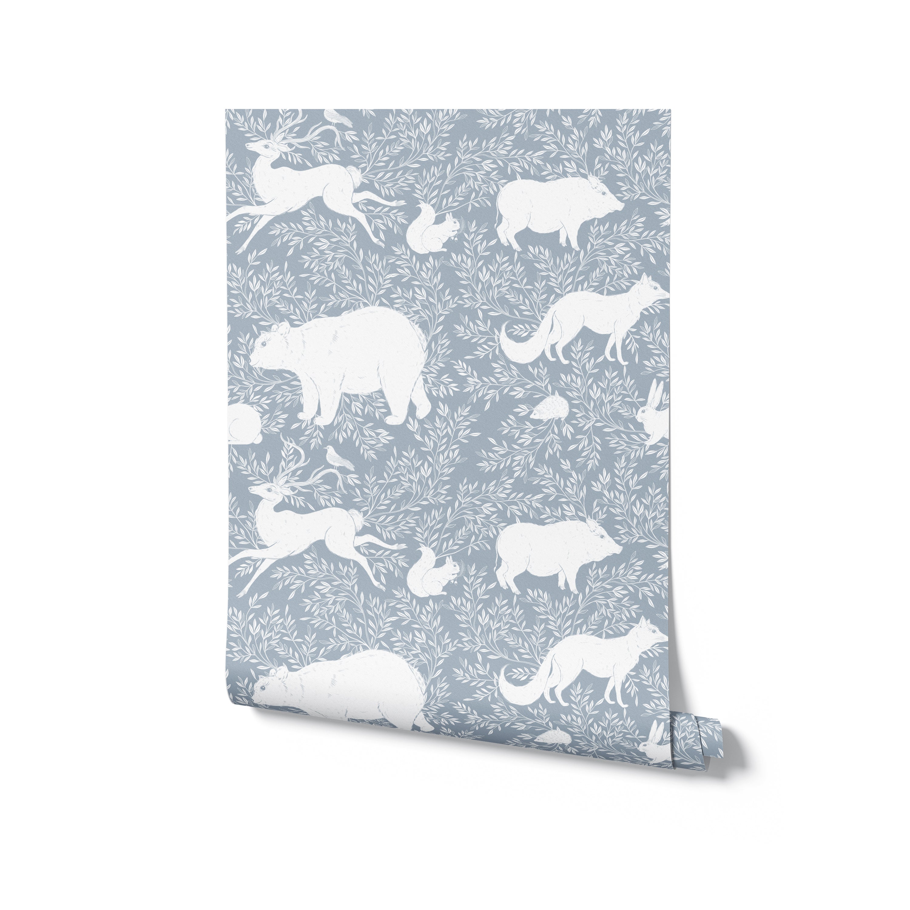 A roll of pale blue wallpaper showcasing a pattern of white woodland animals including bears, foxes, and rabbits, creating a charming and nature-inspired design suitable for various interior settings