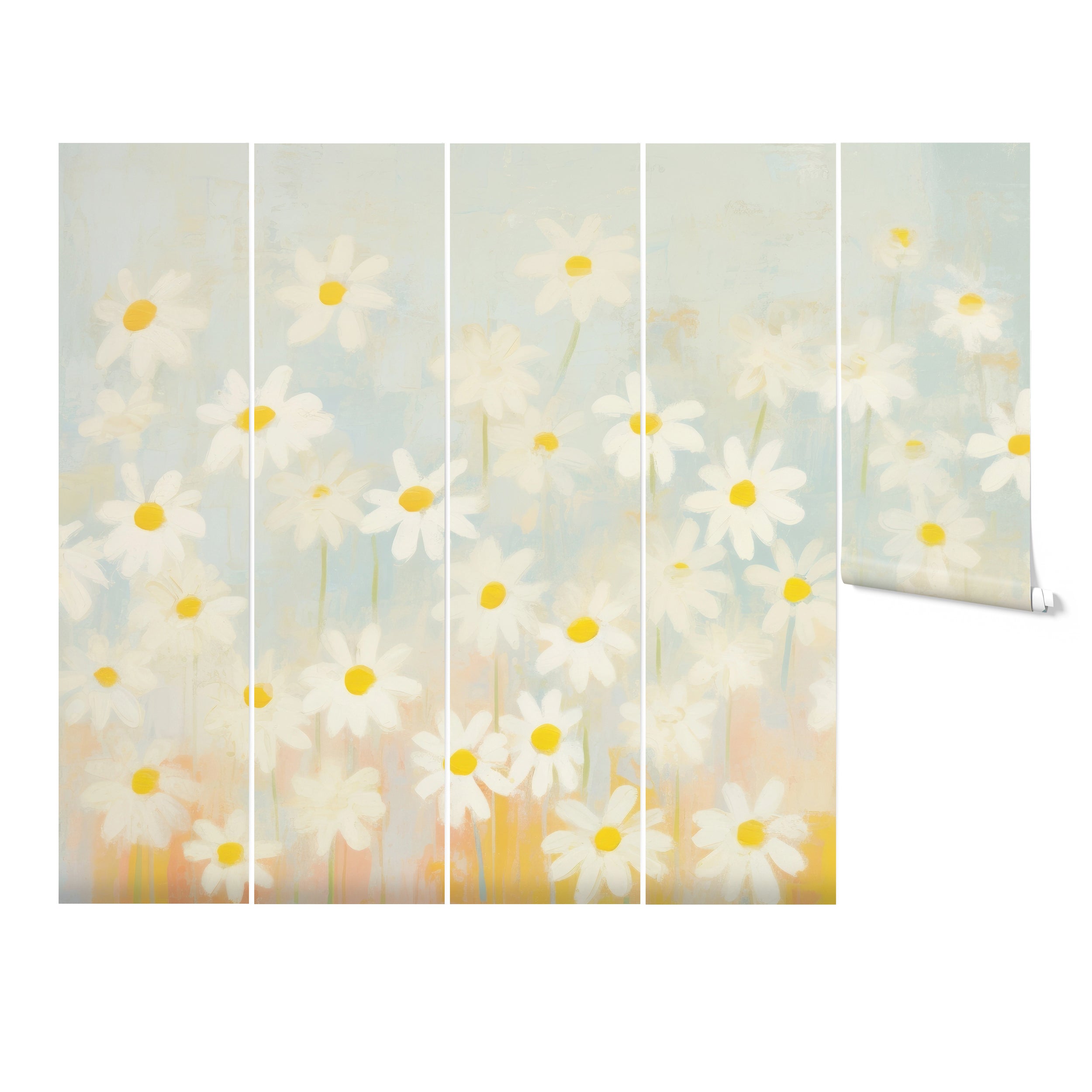 Spring Daisy Mural featuring white daisies with yellow centers against a soft pastel background