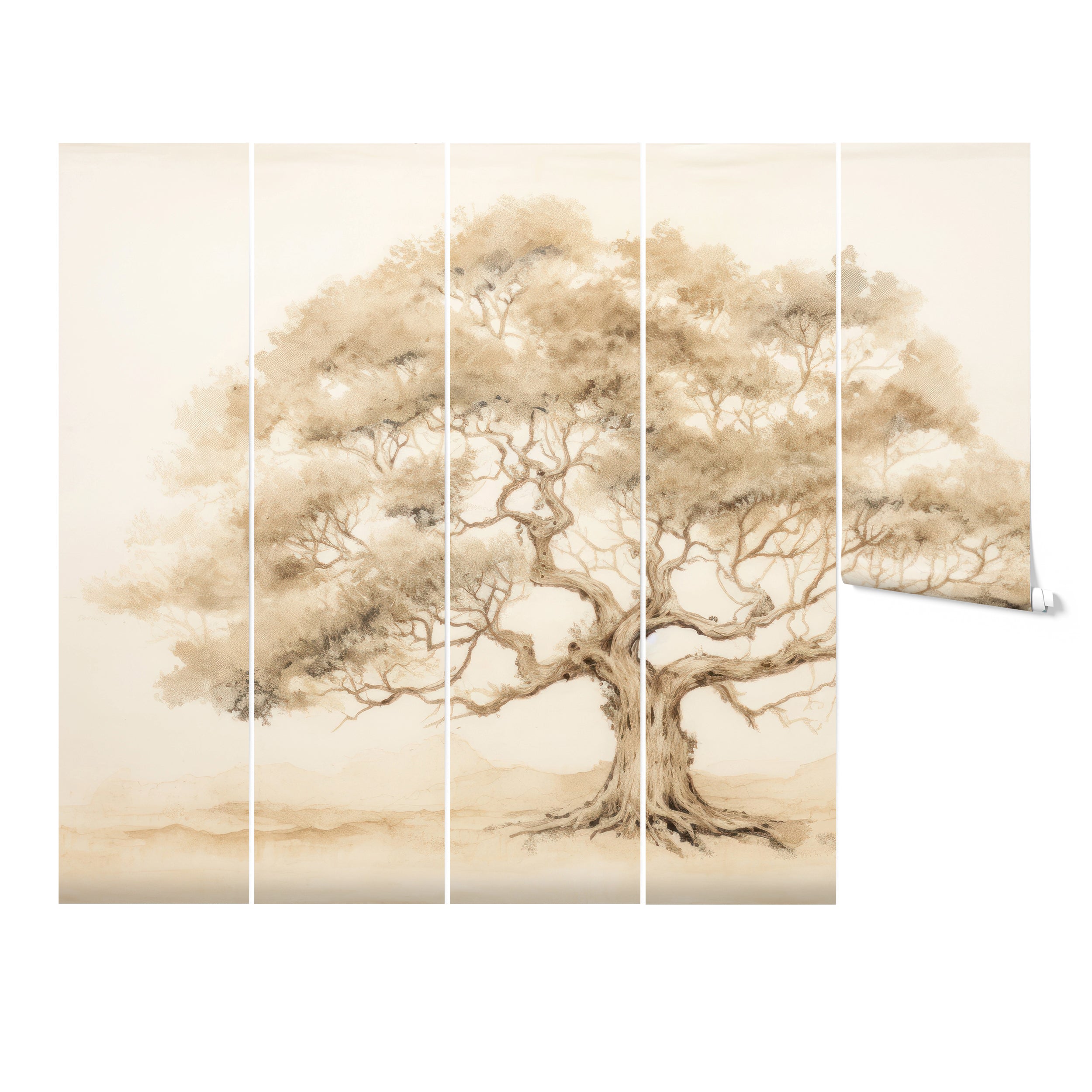 Neutral-toned wallpaper mural featuring a detailed sketch of a large tree with sprawling branches against a soft beige background, displayed in five rolls.