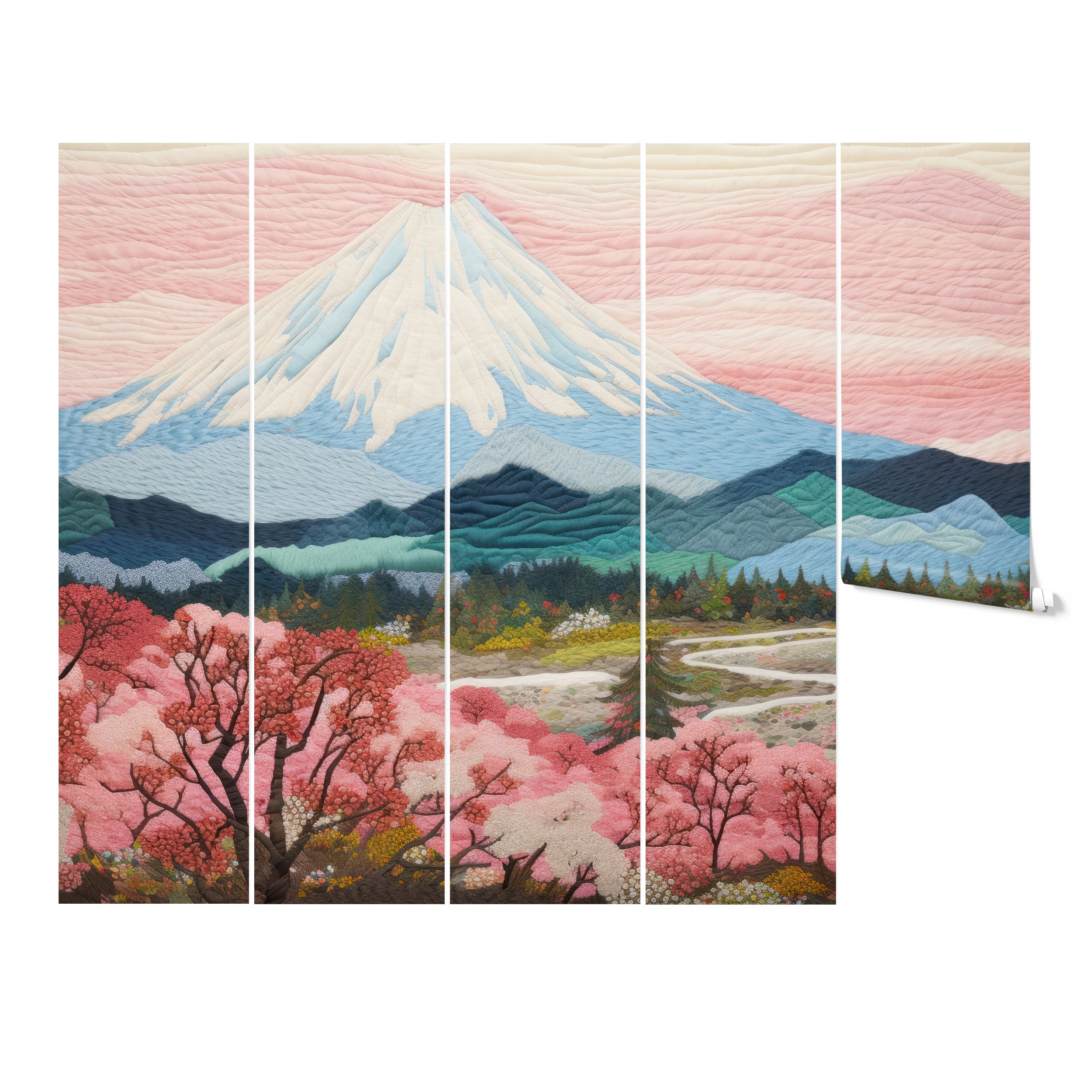 Spring Fuji Mural wallpaper displayed in five panels, showcasing the snow-capped Mount Fuji, cherry blossoms, and a meandering river.