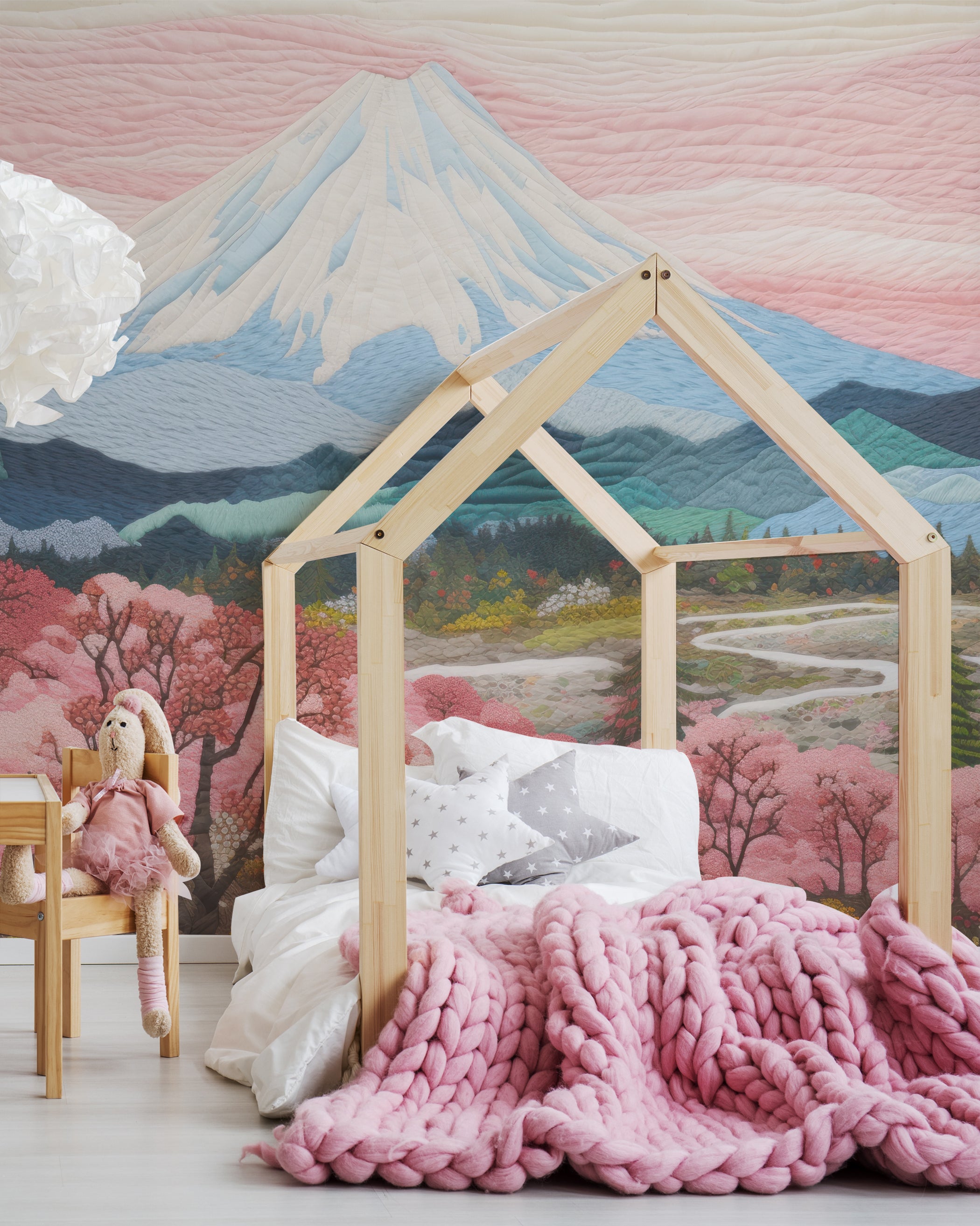 Child's room with Spring Fuji Mural featuring Mount Fuji, cherry blossoms, and a river, adding a serene natural backdrop.