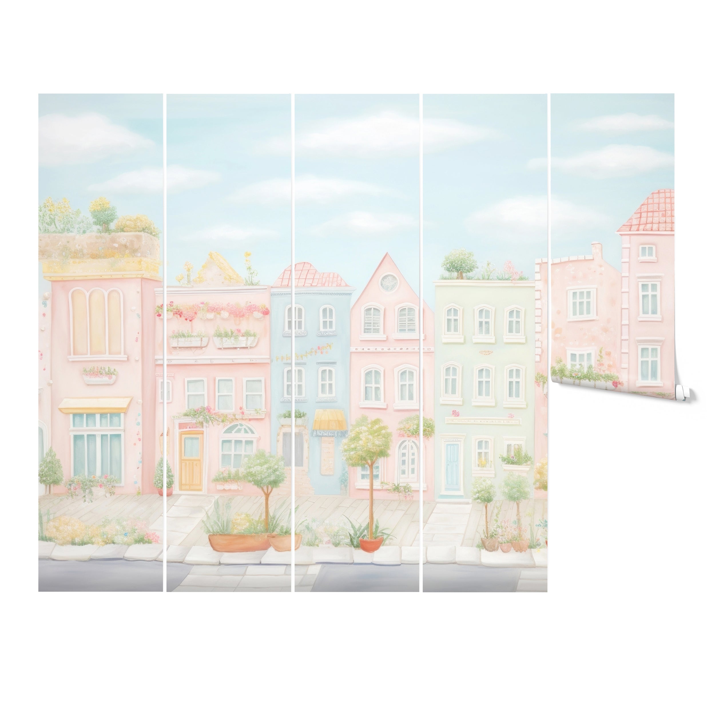 The Cinque Terre Townhouse Wallpaper shown in five separate panels, illustrating the complete design when fully applied to a wall. The wallpaper features a seamless townscape of pastel-colored houses with intricate details.