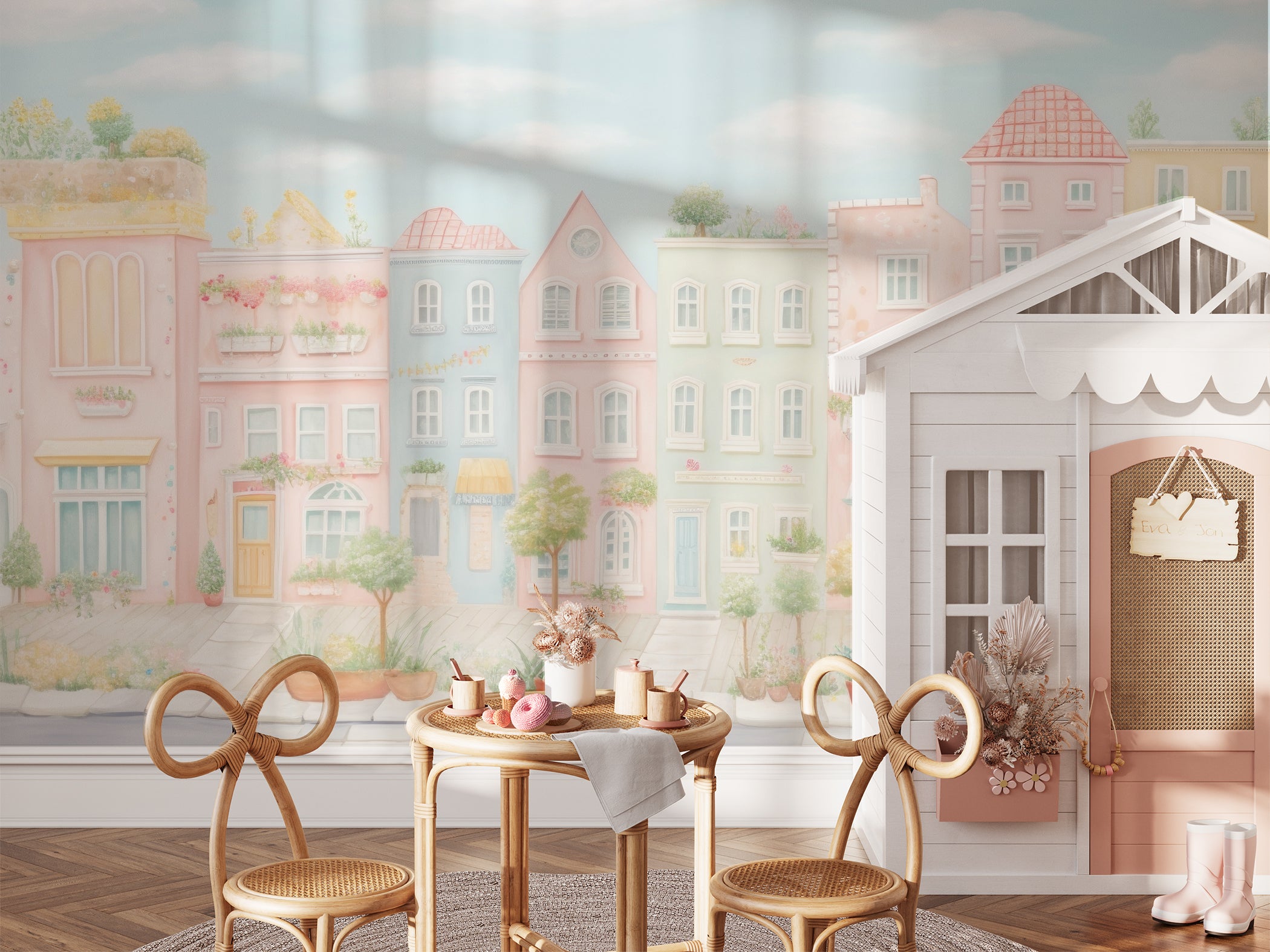 A playful and bright children's area featuring the Cinque Terre Townhouse Wallpaper. The scene on the wallpaper depicts a quaint town with pastel-colored buildings. The room is decorated with a playhouse, wicker chairs, and a small table set for tea.