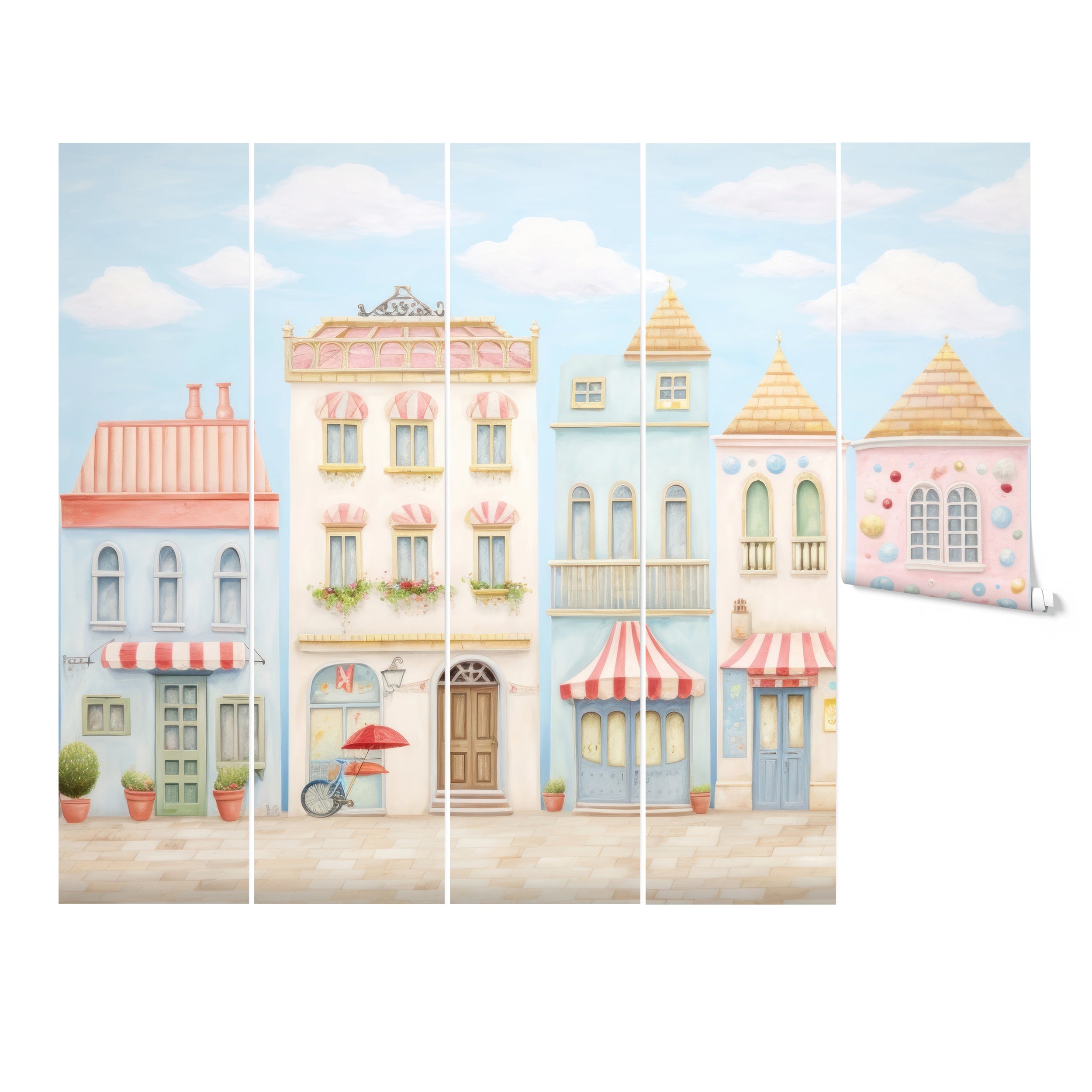 A flat lay view of the Andalusia Townhouse Wallpaper rolls. The wallpaper features a continuous design of pastel-colored townhouses with charming details, ideal for creating a whimsical and colorful environment.