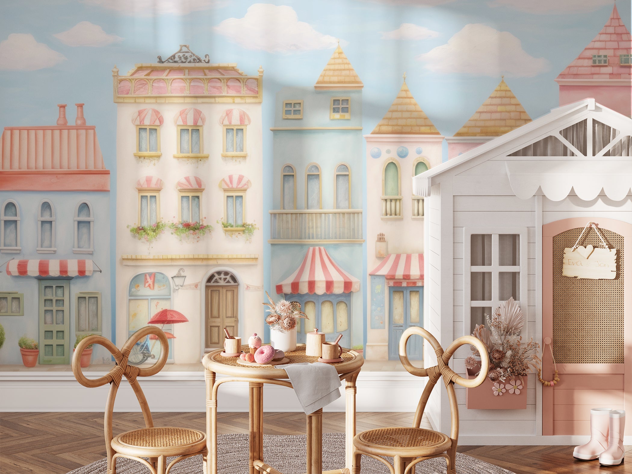 A children's play area adorned with the Andalusia Townhouse Wallpaper, depicting a row of pastel-colored townhouses with whimsical details. The space includes a small round table with chairs and a white playhouse, adding to the enchanting atmosphere.