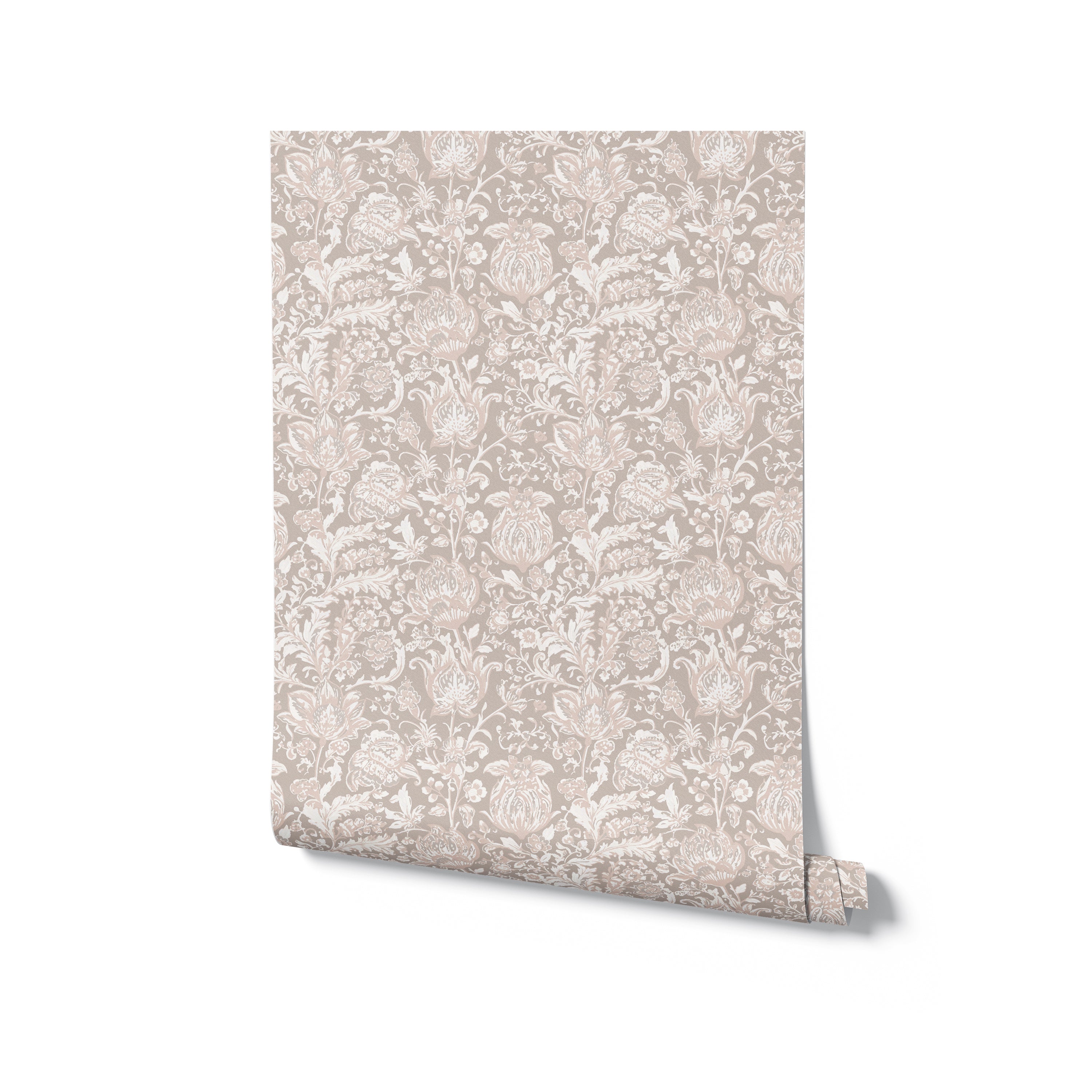 A roll of Marseilles Wallpaper displaying its intricate floral pattern in lavender grey. The wallpaper is neatly rolled, highlighting the detailed and refined design, perfect for adding a touch of elegance to any room.