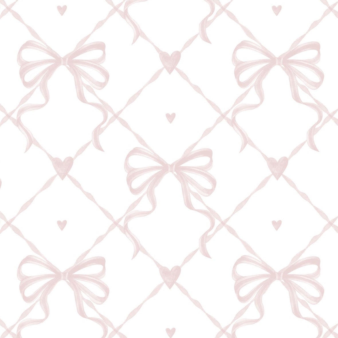 Close-up view of Delicate Watercolour Bows Wallpaper showing intricate details of the watercolor bows and tiny hearts in a soft pink hue, creating a romantic and gentle ambiance suitable for various interior designs