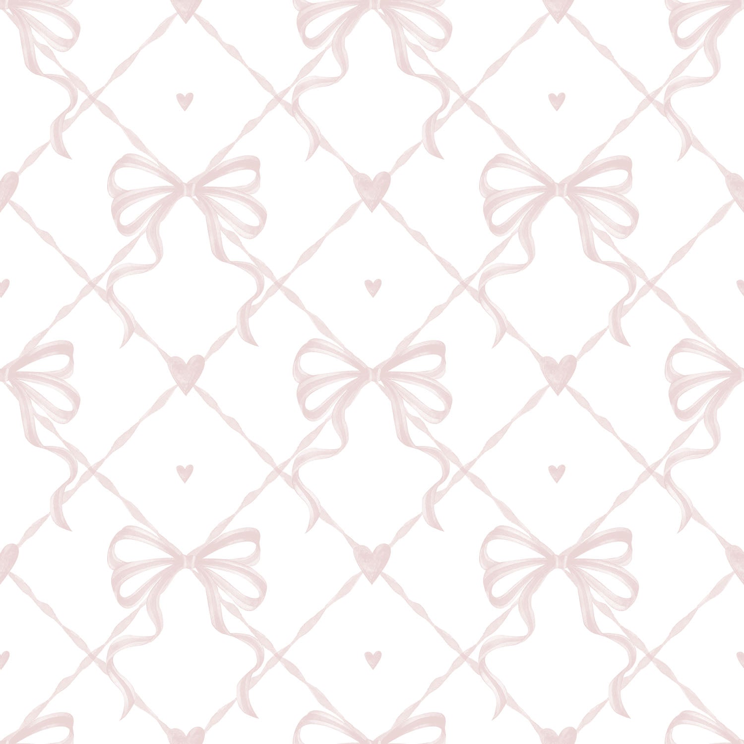 Close-up view of Delicate Watercolour Bows Wallpaper showing intricate details of the watercolor bows and tiny hearts in a soft pink hue, creating a romantic and gentle ambiance suitable for various interior designs