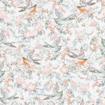 A vibrant display of the Light Flying Birds Wallpaper featuring delicate pink flowers and green foliage intertwined with flying birds in soft shades of orange and green. This lively and charming pattern captures a sense of movement and grace, set against a light background.