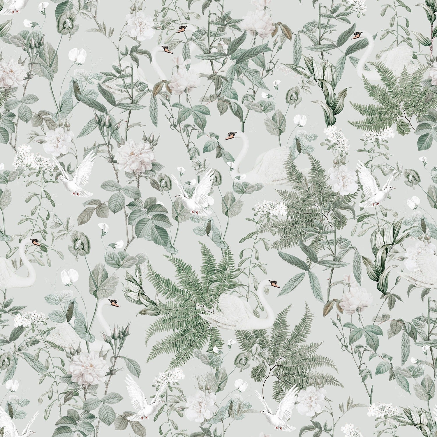 A detailed pattern of the Sage Bird Wallpaper featuring elegant swans and various birds amidst lush green foliage and white floral blossoms, set against a soft sage background. The intricate artwork captures a serene and naturalistic scene.