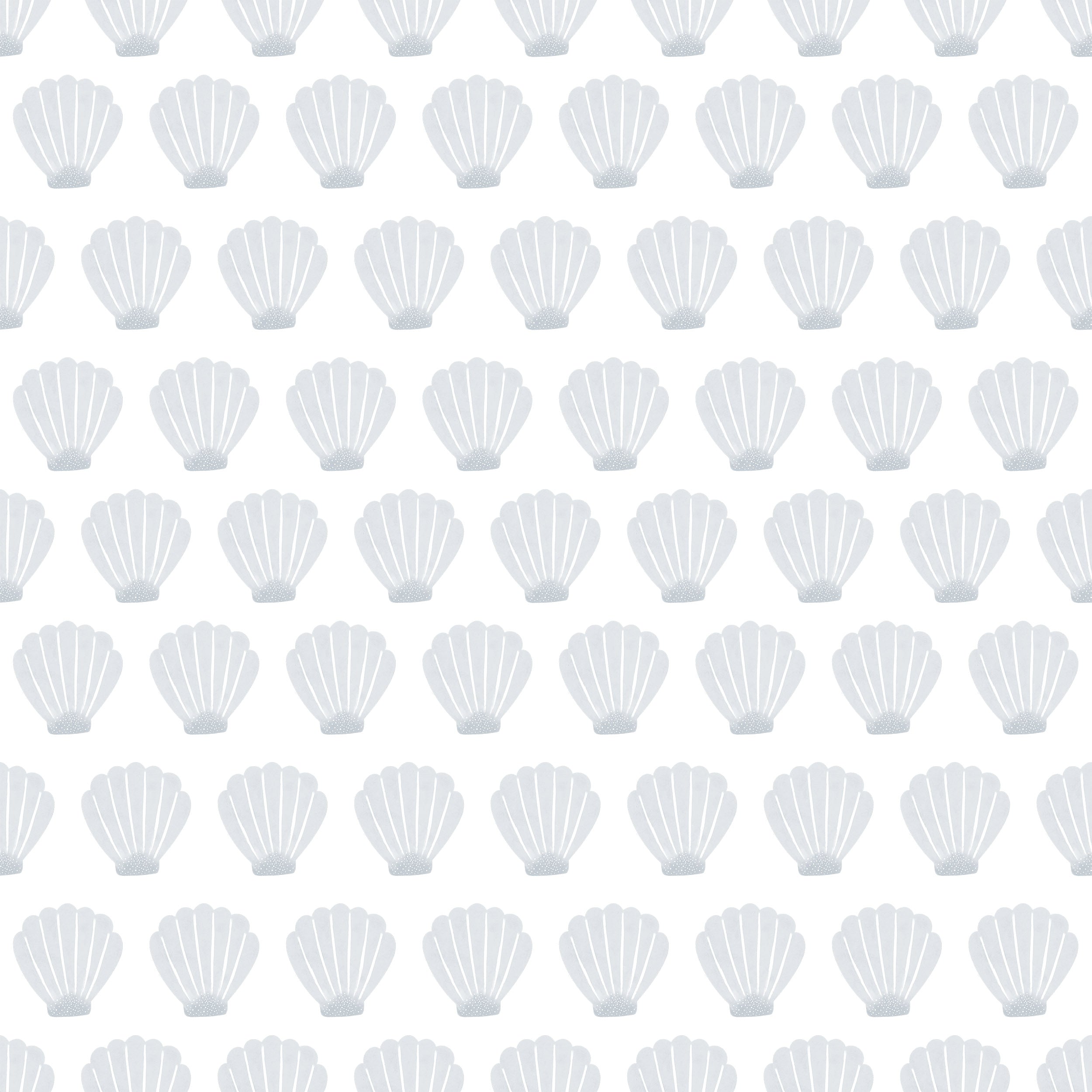 Close-up of a seamless wallpaper pattern displaying light gray scallop shells evenly distributed on a plain white background. The design is simple and stylized, suitable for a subtle oceanic theme in an interior space.