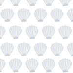 Close-up of a seamless wallpaper pattern displaying light gray scallop shells evenly distributed on a plain white background. The design is simple and stylized, suitable for a subtle oceanic theme in an interior space.