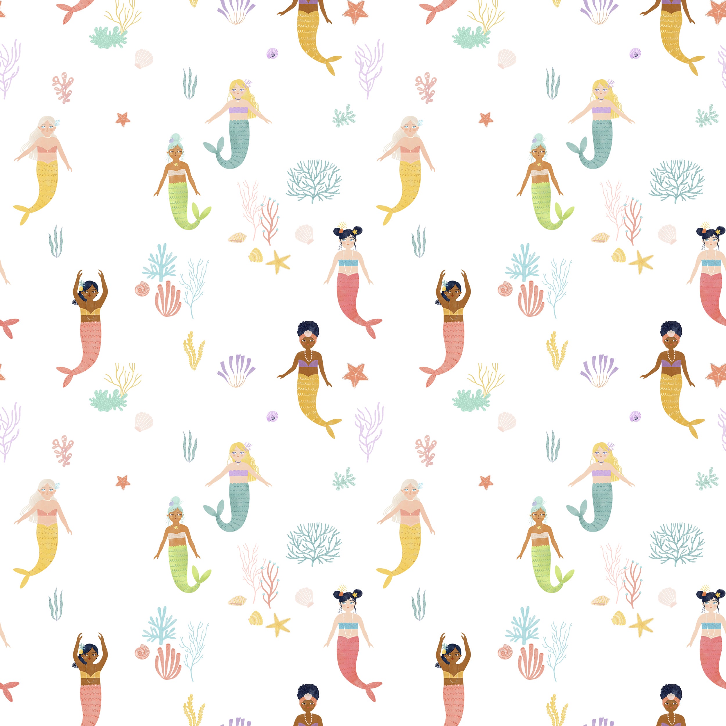 Detailed close-up of the Little Mermaids Wallpaper showcasing a colorful array of mermaids with diverse appearances and attire, set among oceanic plants and animals. This vibrant and inclusive design makes it perfect for adding a fantastical touch to any child's room