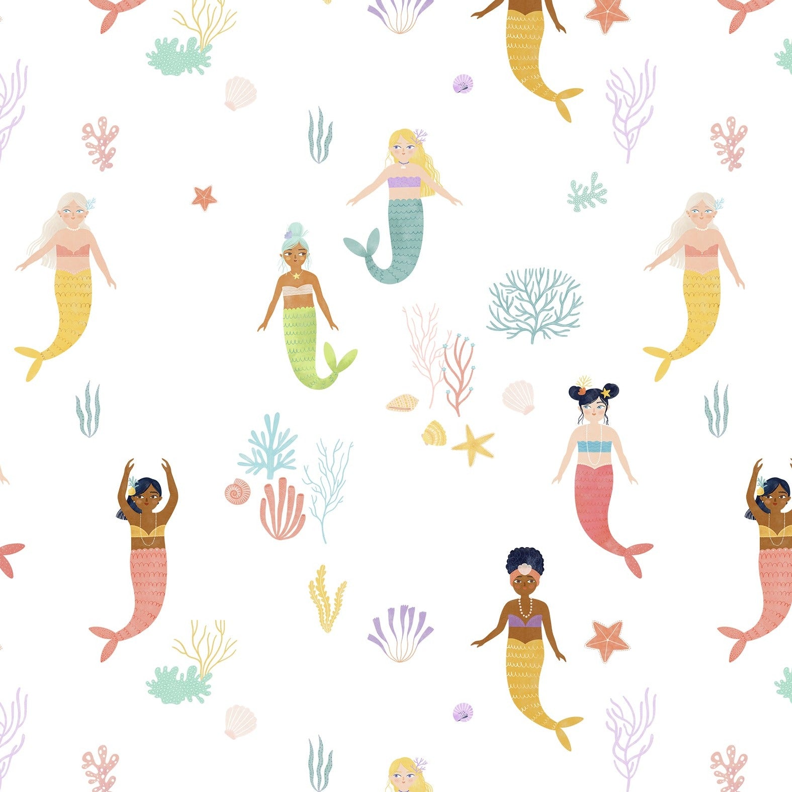 Detailed close-up of the Little Mermaids Wallpaper showcasing a colorful array of mermaids with diverse appearances and attire, set among oceanic plants and animals. This vibrant and inclusive design makes it perfect for adding a fantastical touch to any child's room