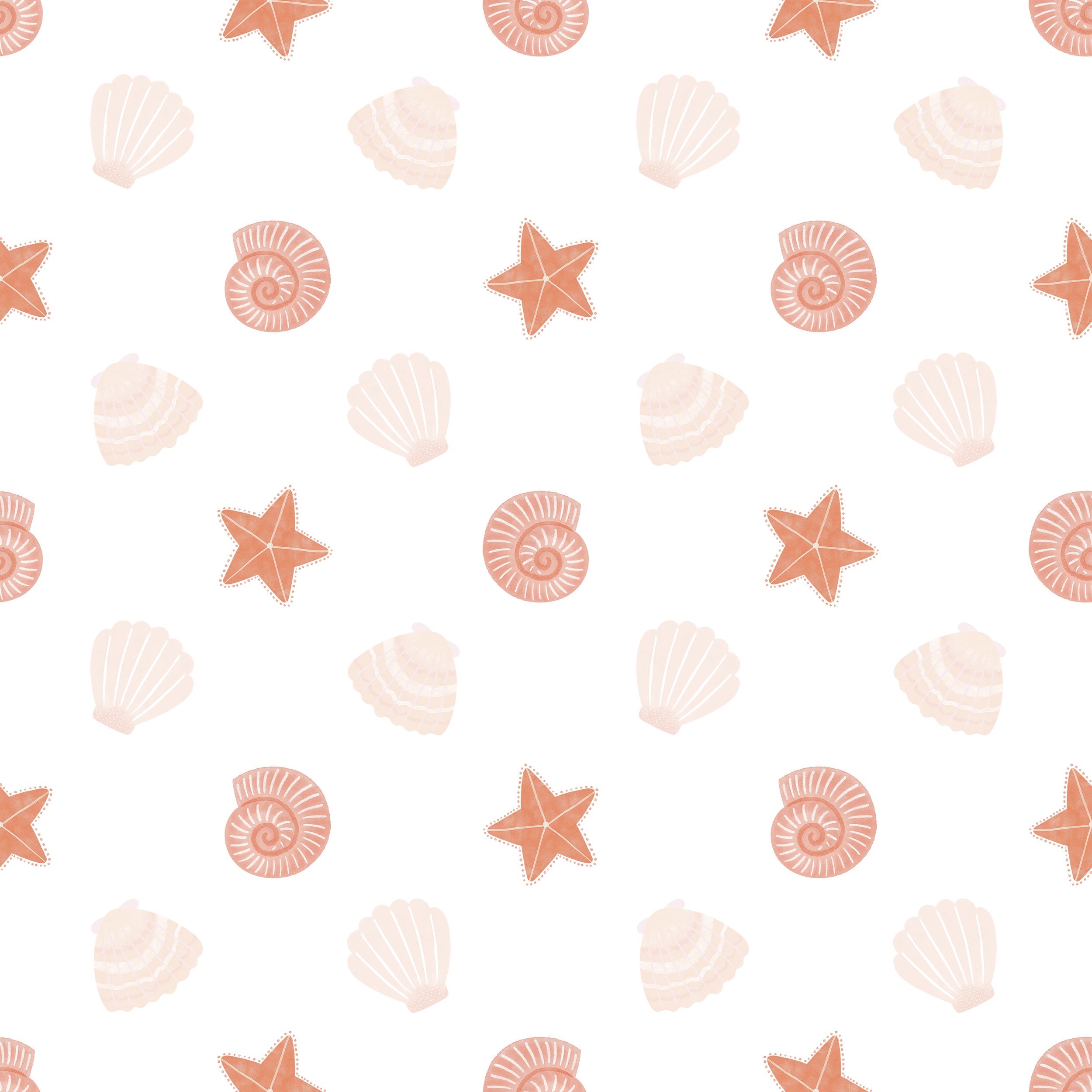 Detailed view of the Mermaid Shells Wallpaper showcasing an array of seashells and starfish in a repeating pattern. The soft orange and pink hues on a light background provide a gentle, beachy aesthetic suitable for various interiors.