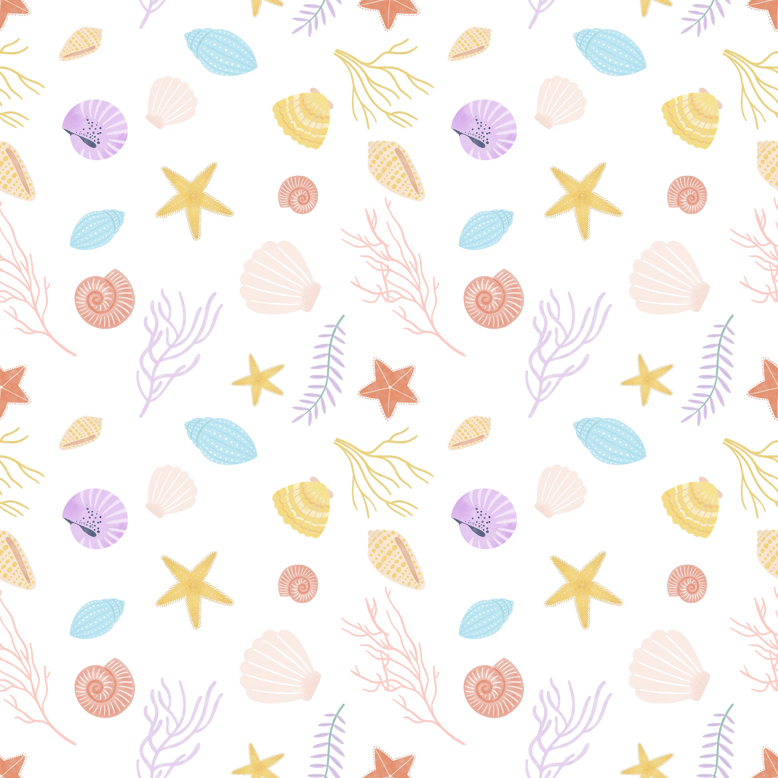 A close-up view of the Colourful Sea Wallpaper, displaying a dense and colorful pattern of underwater sea life including shells, starfish, and coral in soft pastel hues on a white background