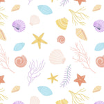 A close-up view of the Colourful Sea Wallpaper, displaying a dense and colorful pattern of underwater sea life including shells, starfish, and coral in soft pastel hues on a white background